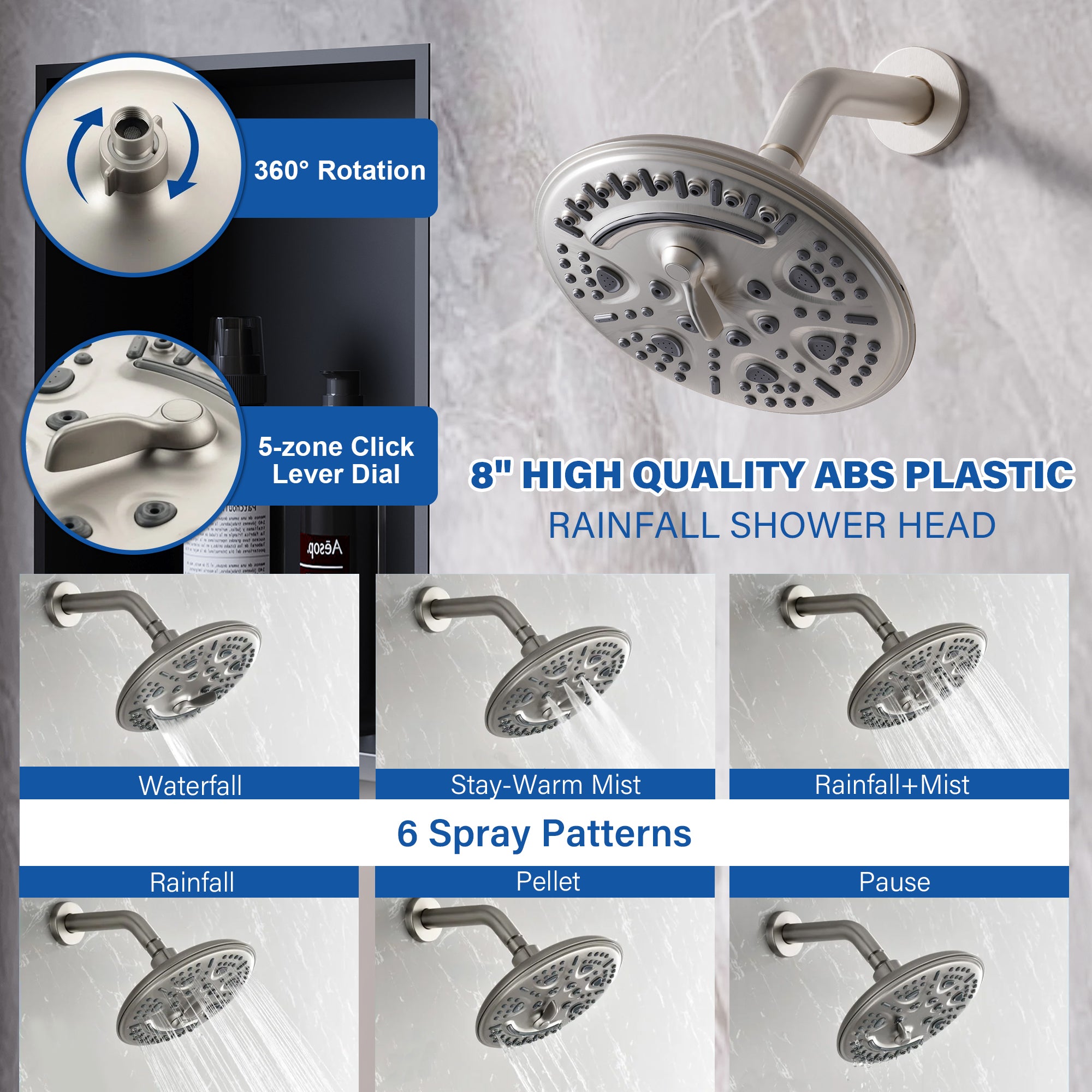 8 inch Wall Mount 6-Spray Patterns Rain Shower Head and 9-Function Handheld Shower Combo