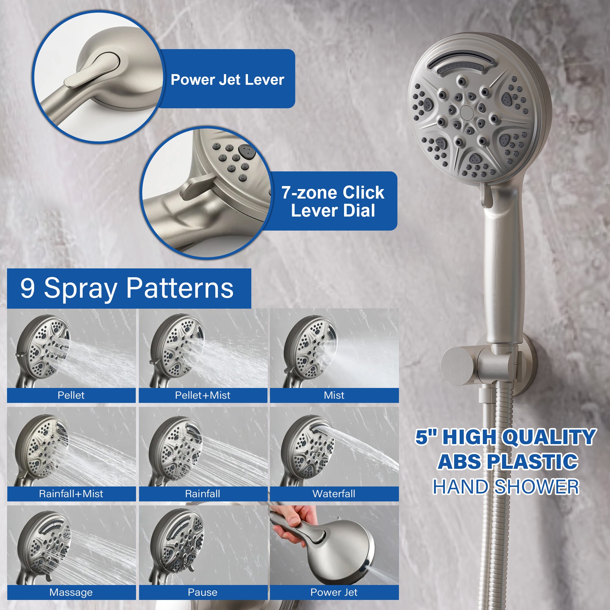 8 inch Wall Mount 6-Spray Patterns Rain Shower Head and 9-Function Handheld Shower Combo