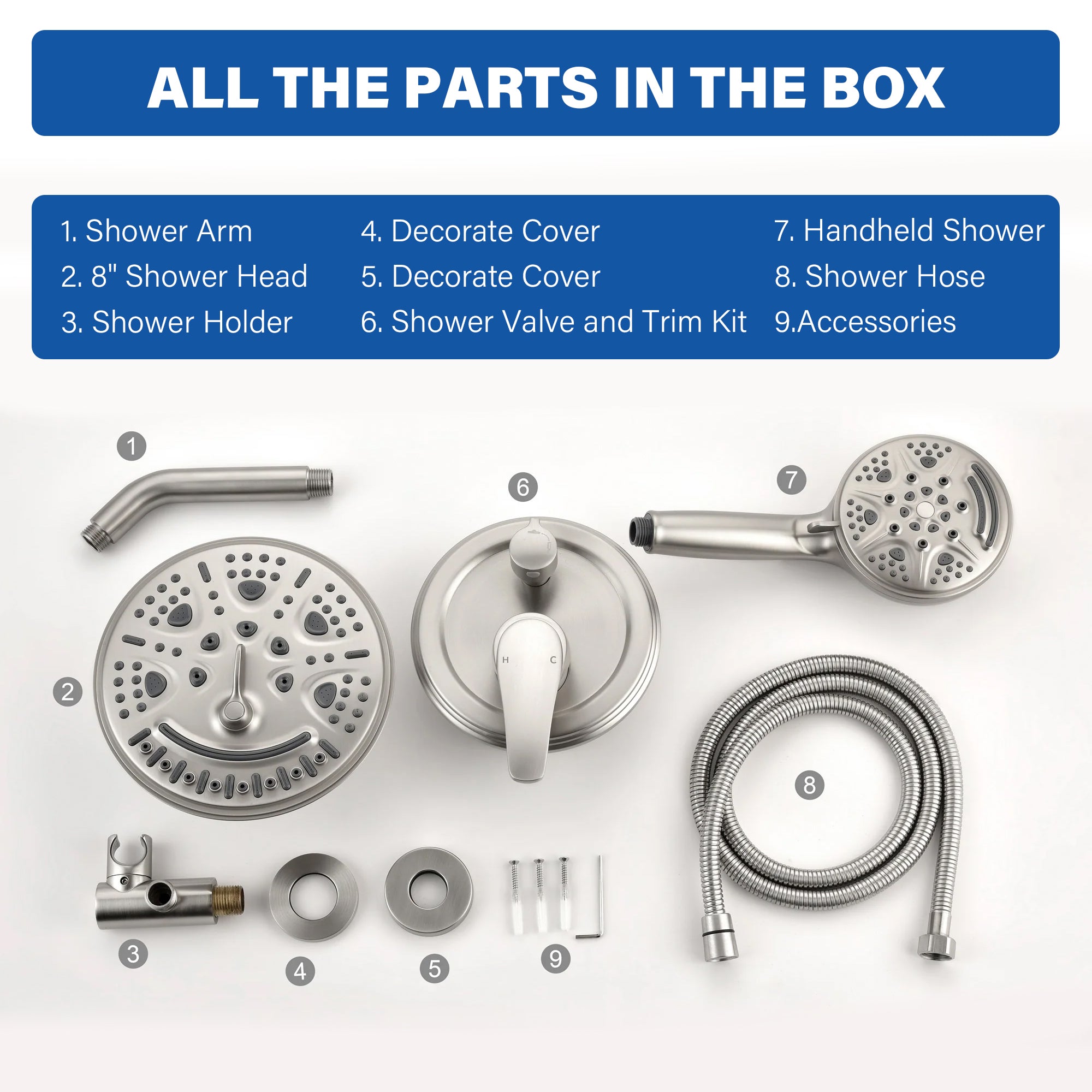 8 inch Wall Mount 6-Spray Patterns Rain Shower Head and 9-Function Handheld Shower Combo