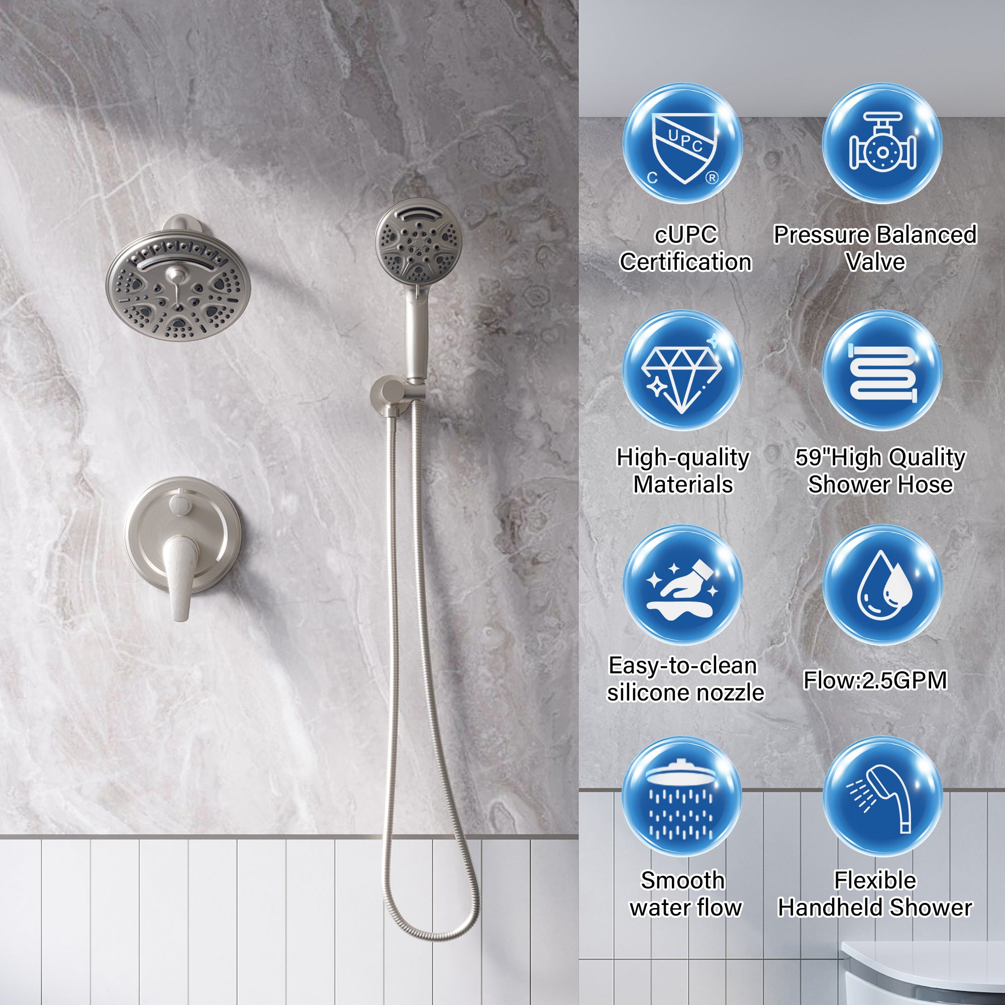 8 inch Wall Mount 6-Spray Patterns Rain Shower Head and 9-Function Handheld Shower Combo