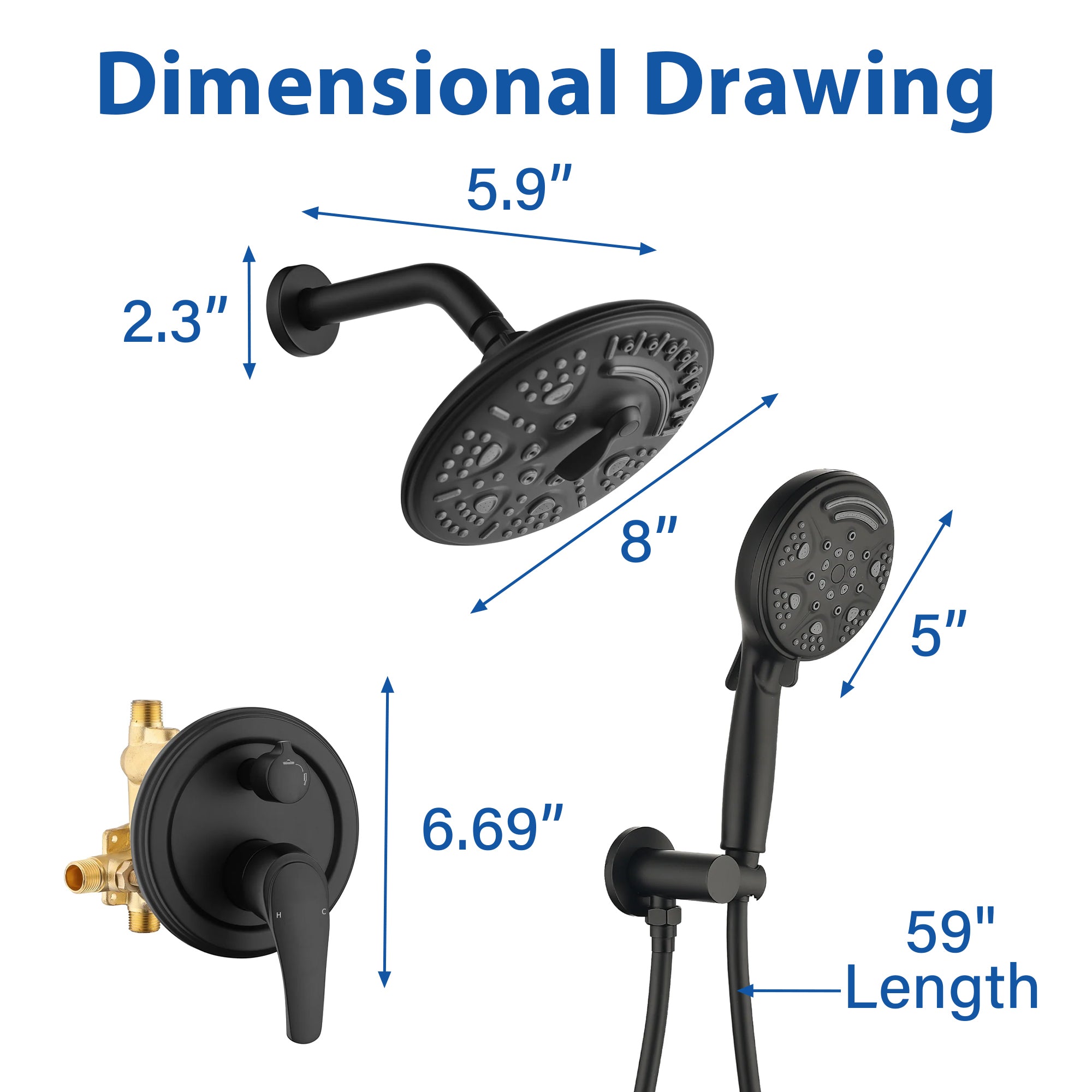 8 inch Wall Mount 6-Spray Patterns Rain Shower Head and 9-Function Handheld Shower Combo
