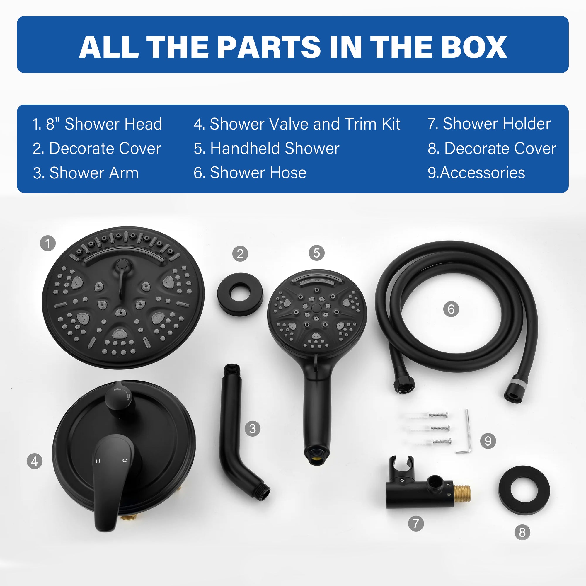 8 inch Wall Mount 6-Spray Patterns Rain Shower Head and 9-Function Handheld Shower Combo