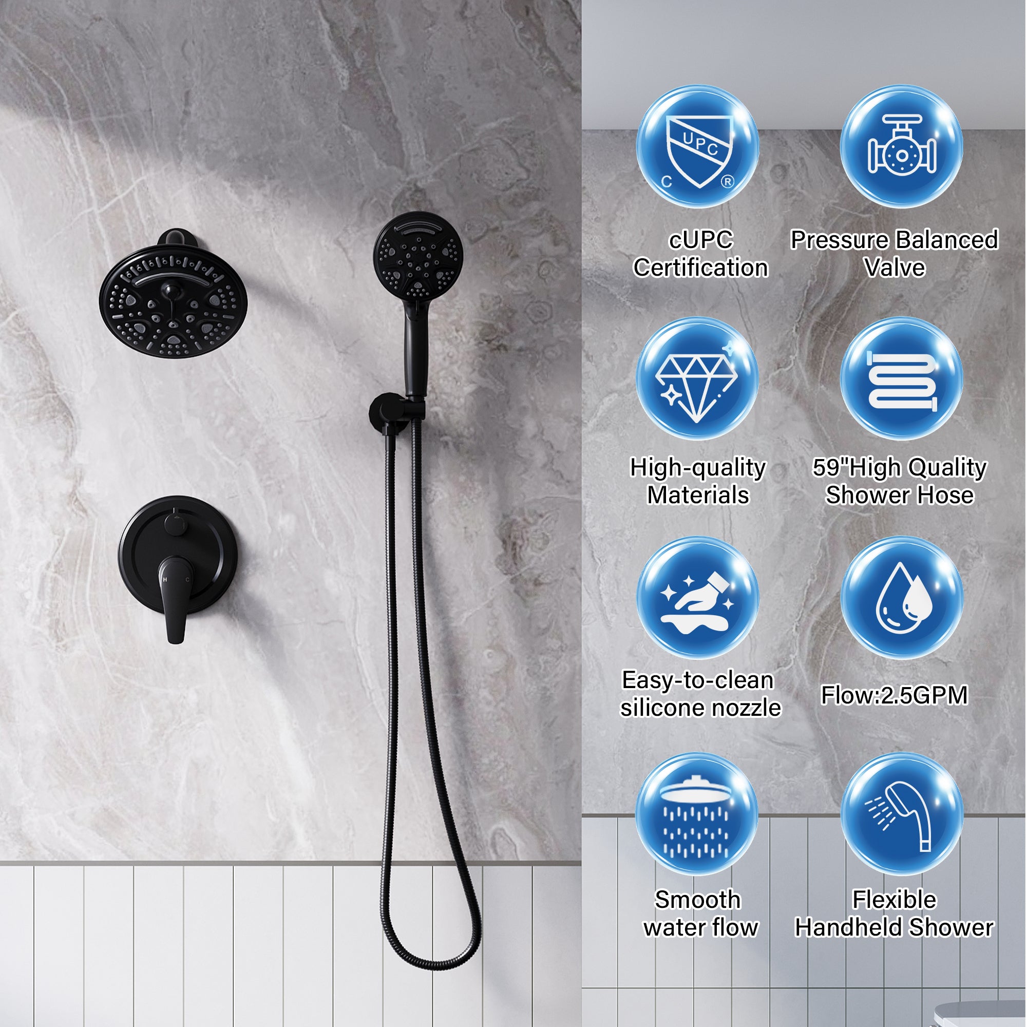8 inch Wall Mount 6-Spray Patterns Rain Shower Head and 9-Function Handheld Shower Combo