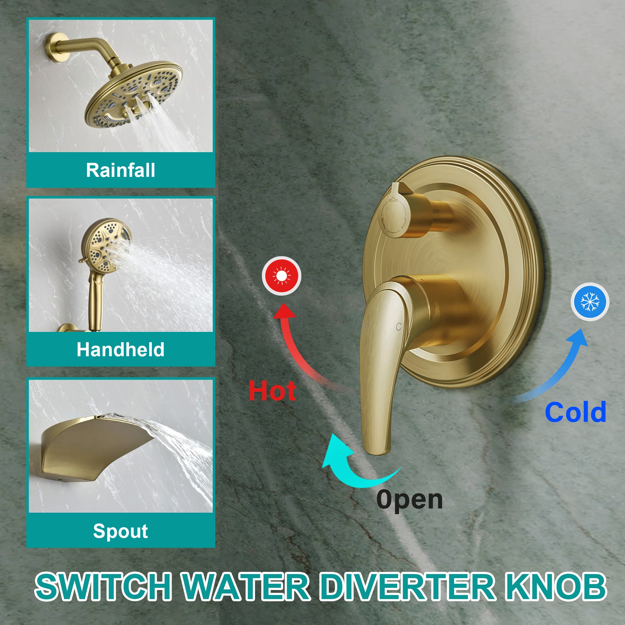 8 inch Wall Mount 6-Spray Patterns Rain Shower Head and 9-Function Handheld Shower Combo with Waterfall Nozzle