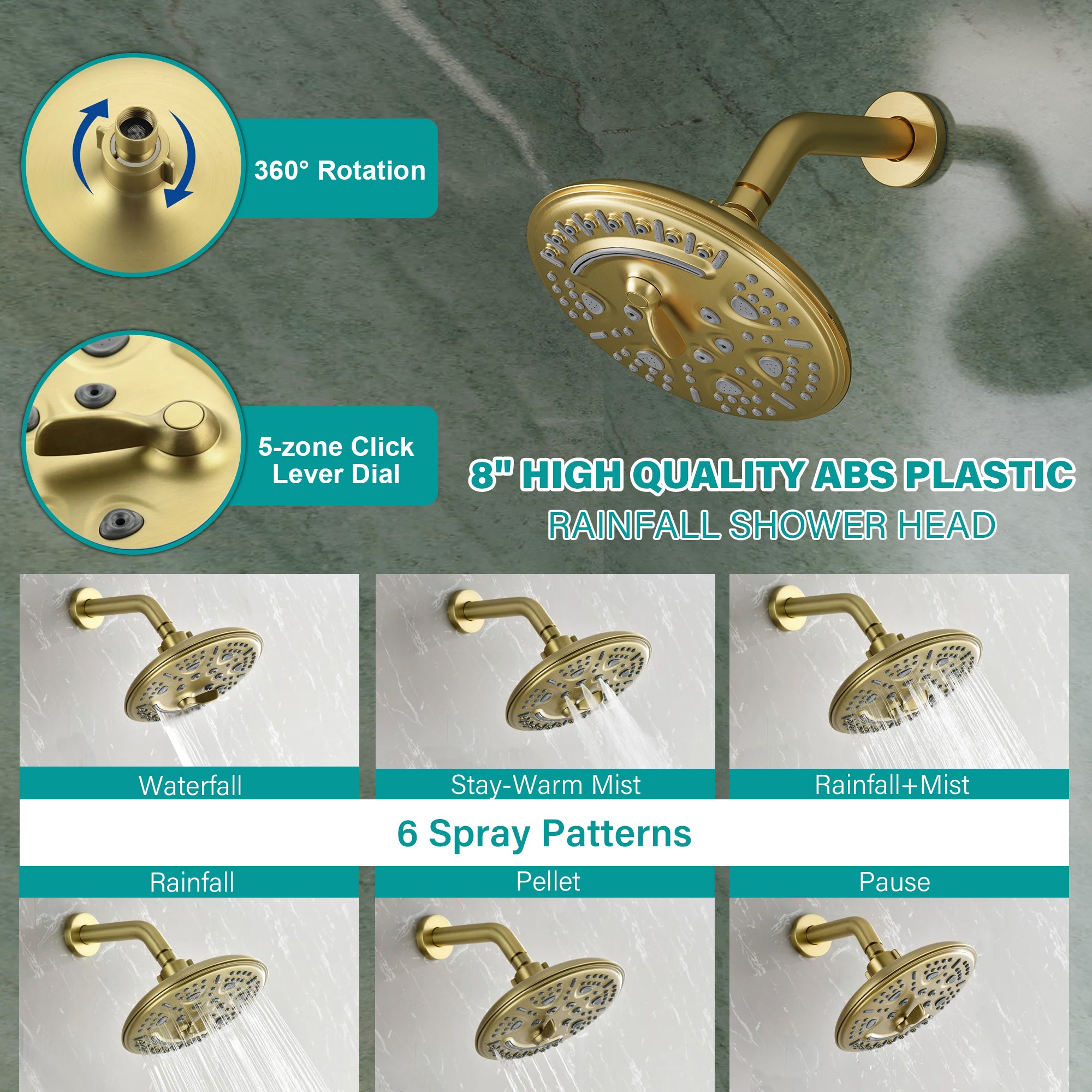 8 inch Wall Mount 6-Spray Patterns Rain Shower Head and 9-Function Handheld Shower Combo with Waterfall Nozzle