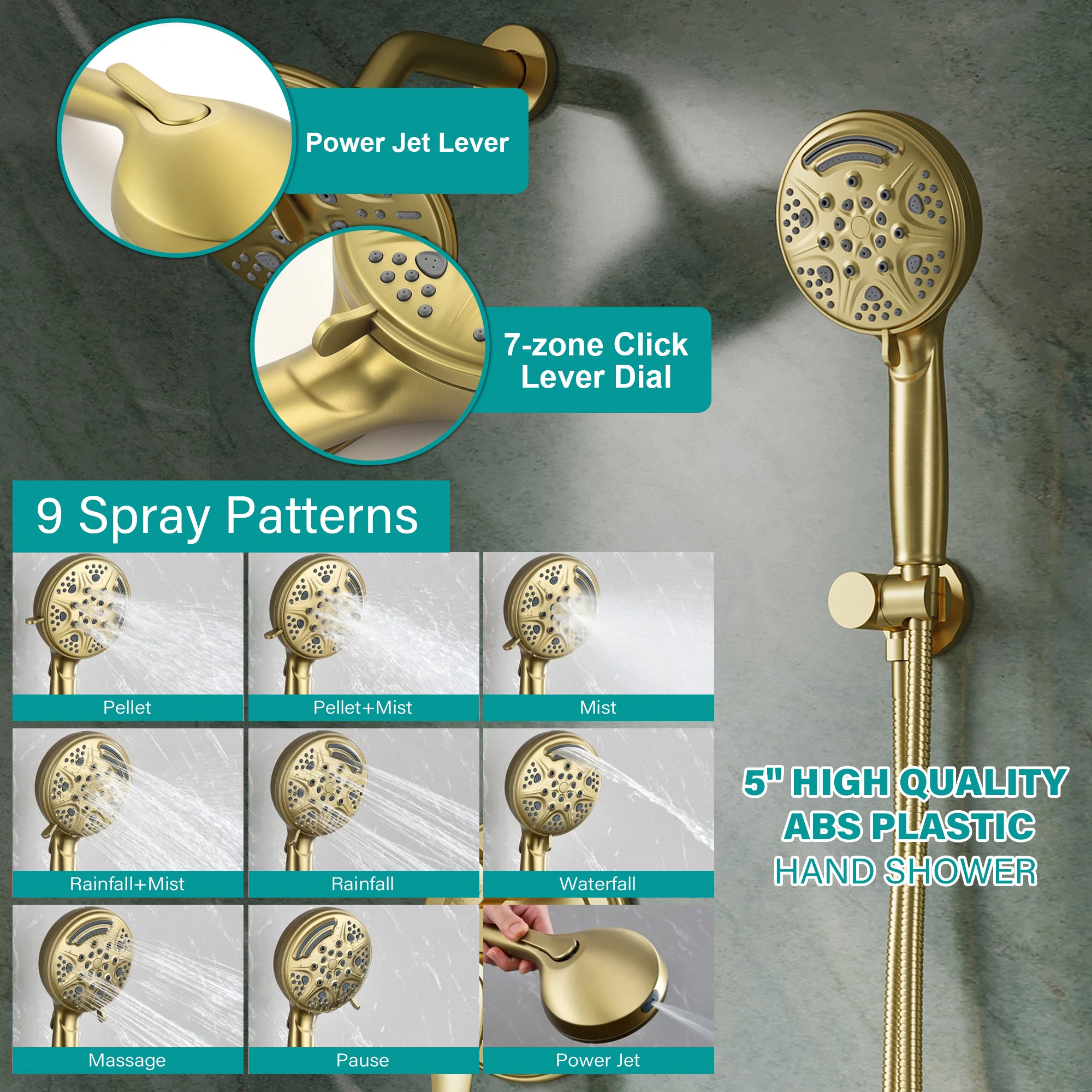 8 inch Wall Mount 6-Spray Patterns Rain Shower Head and 9-Function Handheld Shower Combo with Waterfall Nozzle