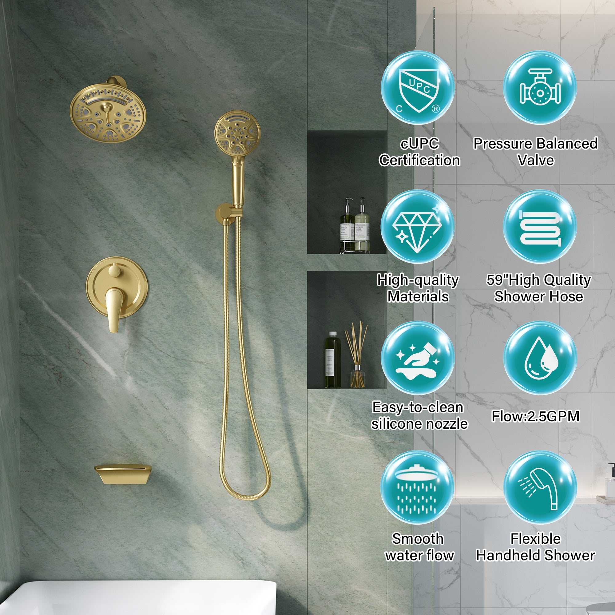 8 inch Wall Mount 6-Spray Patterns Rain Shower Head and 9-Function Handheld Shower Combo with Waterfall Nozzle