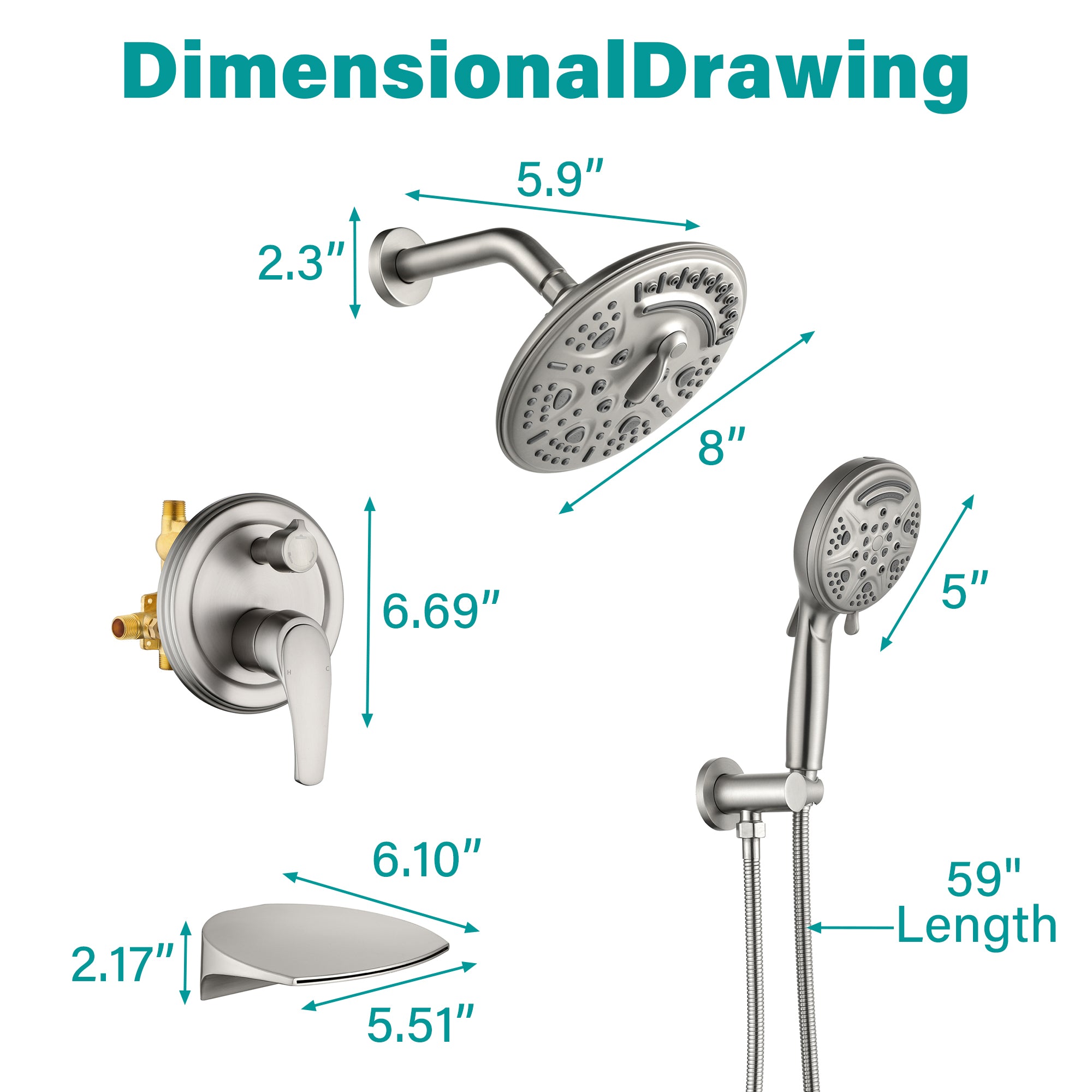 8 inch Wall Mount 6-Spray Patterns Rain Shower Head and 9-Function Handheld Shower Combo with Waterfall Nozzle