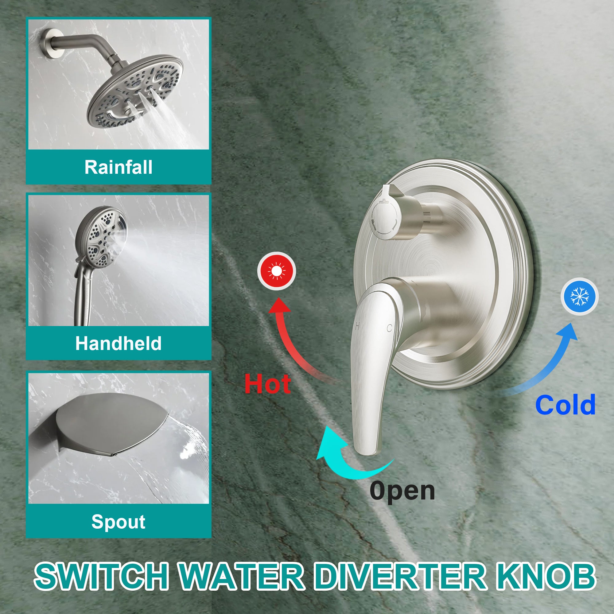 8 inch Wall Mount 6-Spray Patterns Rain Shower Head and 9-Function Handheld Shower Combo with Waterfall Nozzle