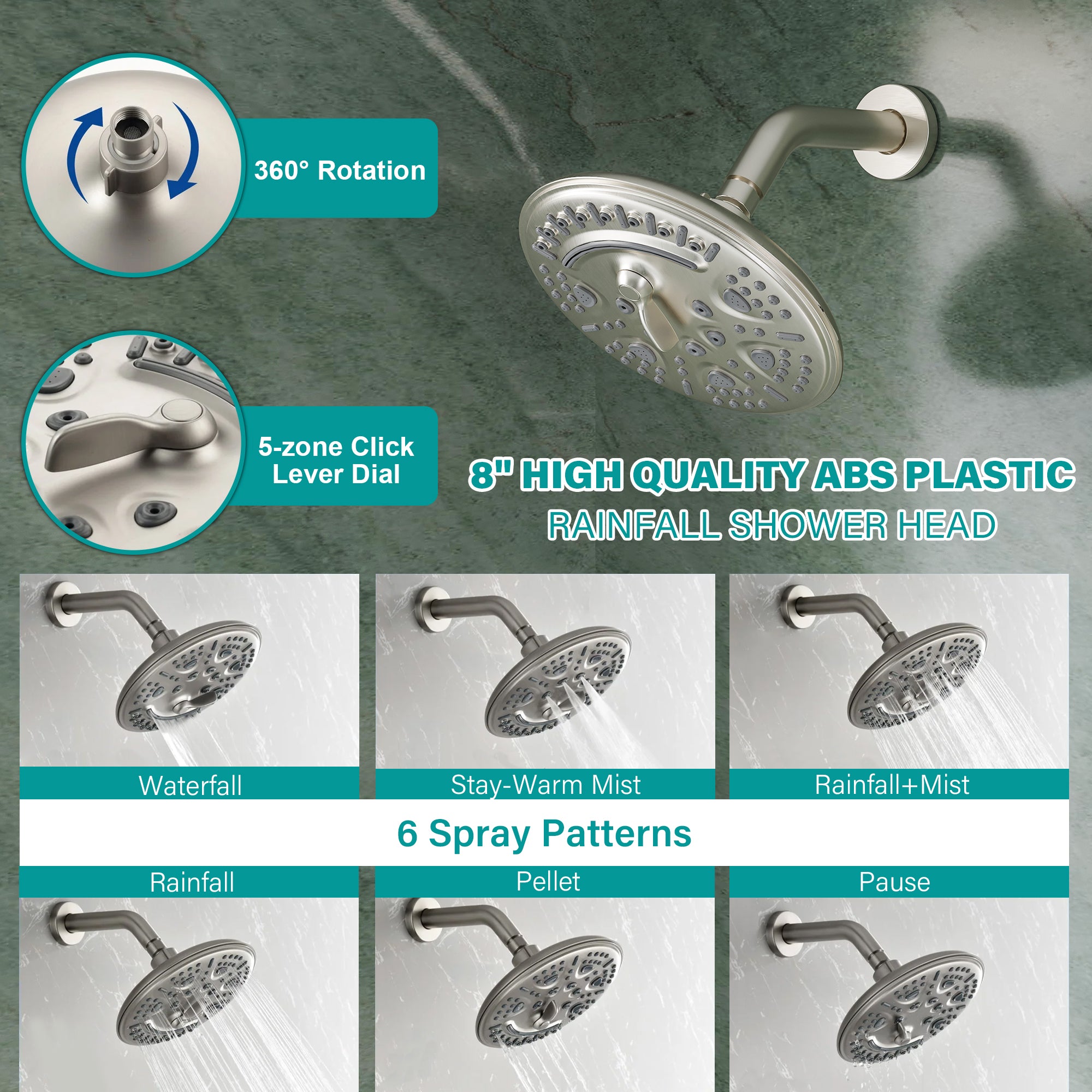 8 inch Wall Mount 6-Spray Patterns Rain Shower Head and 9-Function Handheld Shower Combo with Waterfall Nozzle
