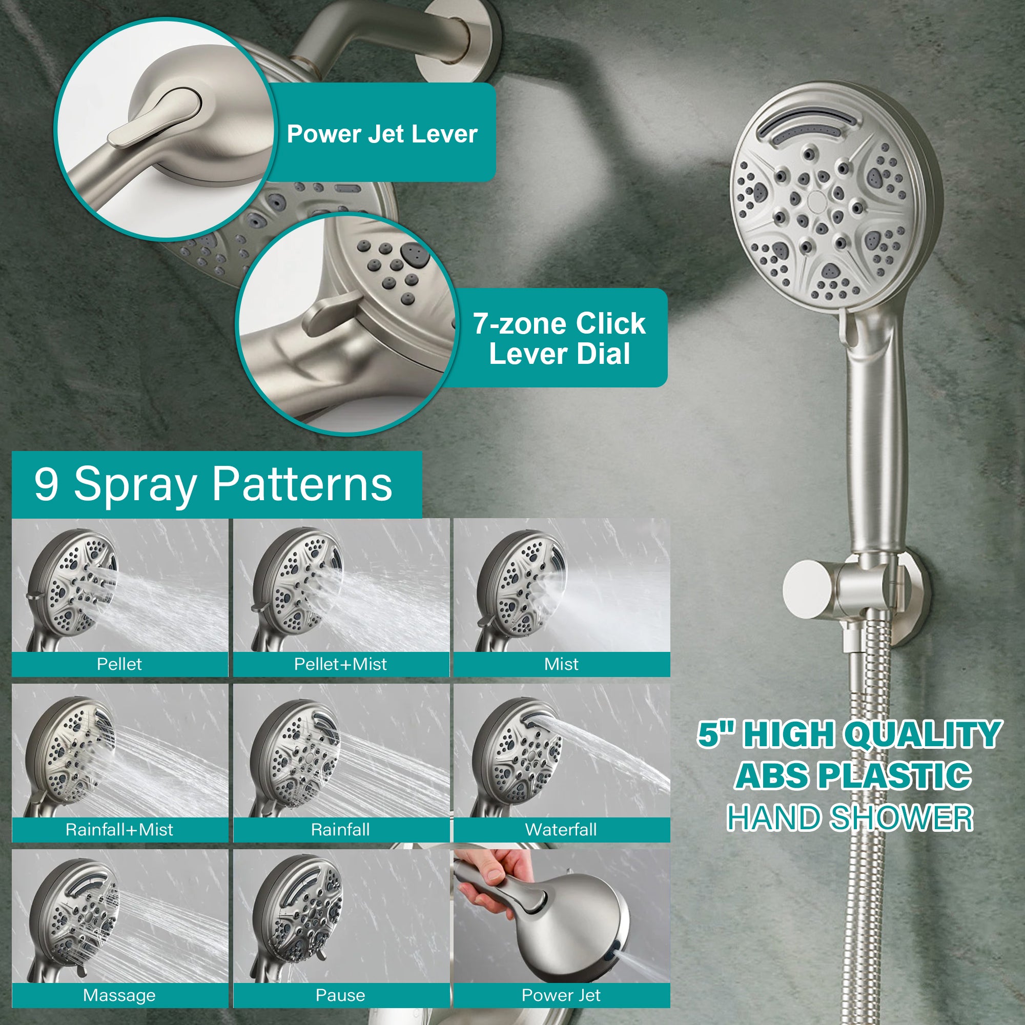 8 inch Wall Mount 6-Spray Patterns Rain Shower Head and 9-Function Handheld Shower Combo with Waterfall Nozzle