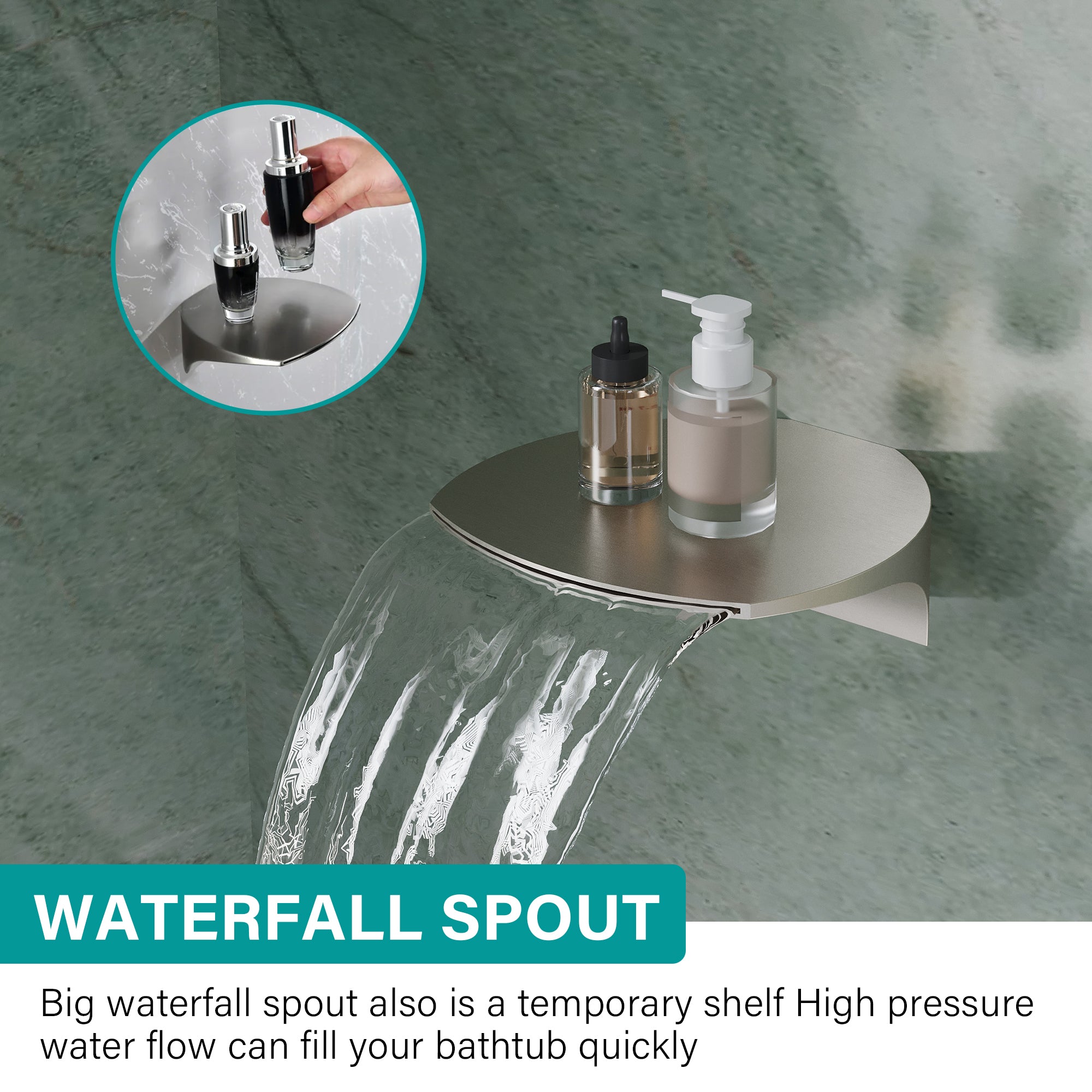8 inch Wall Mount 6-Spray Patterns Rain Shower Head and 9-Function Handheld Shower Combo with Waterfall Nozzle