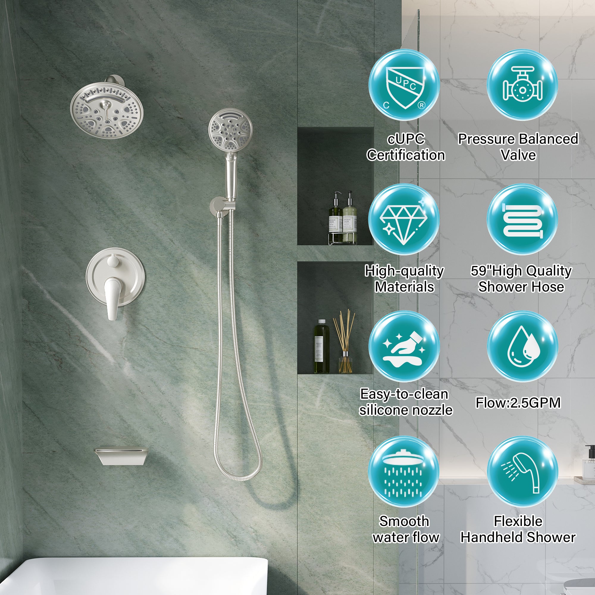 8 inch Wall Mount 6-Spray Patterns Rain Shower Head and 9-Function Handheld Shower Combo with Waterfall Nozzle