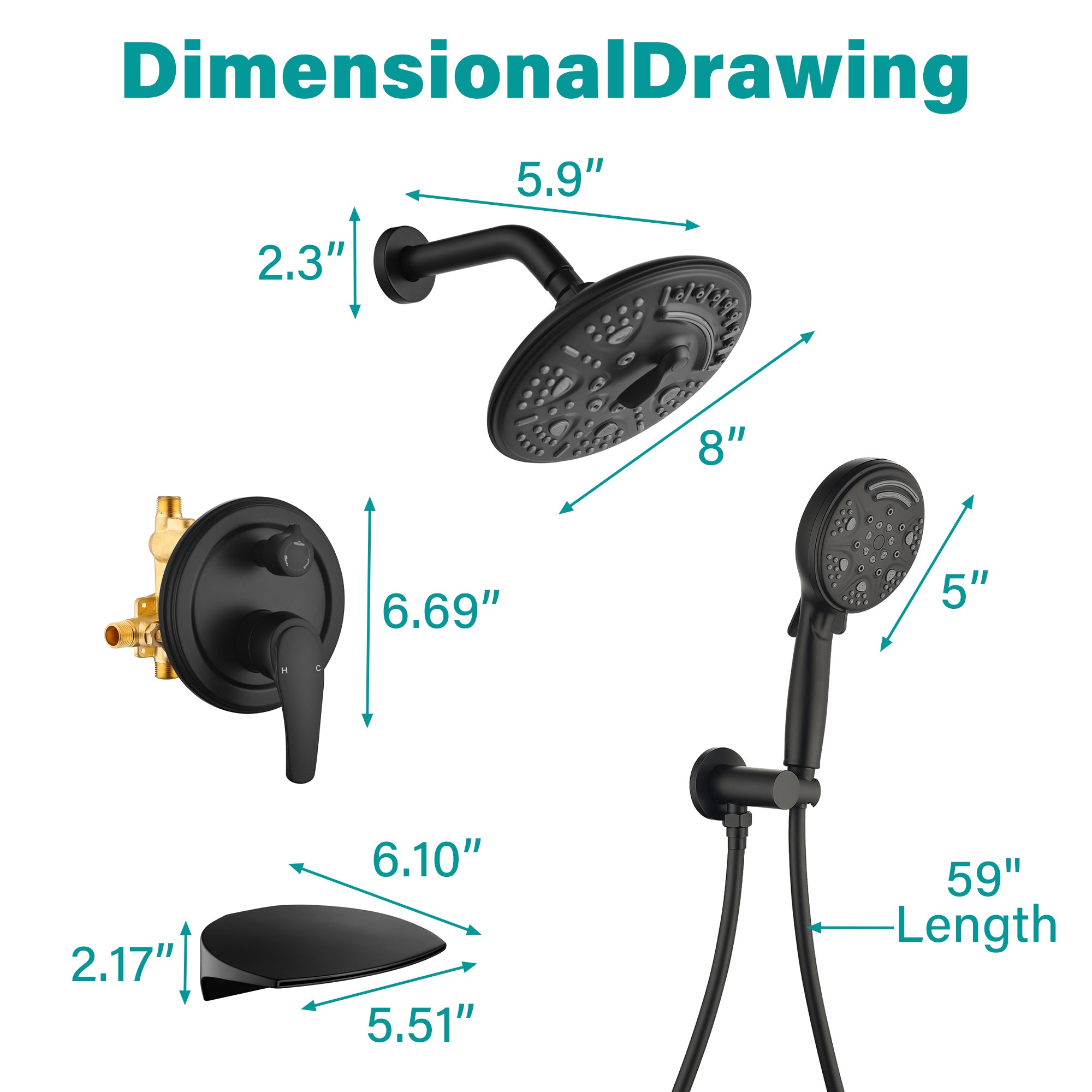 8 inch Wall Mount 6-Spray Patterns Rain Shower Head and 9-Function Handheld Shower Combo with Waterfall Nozzle