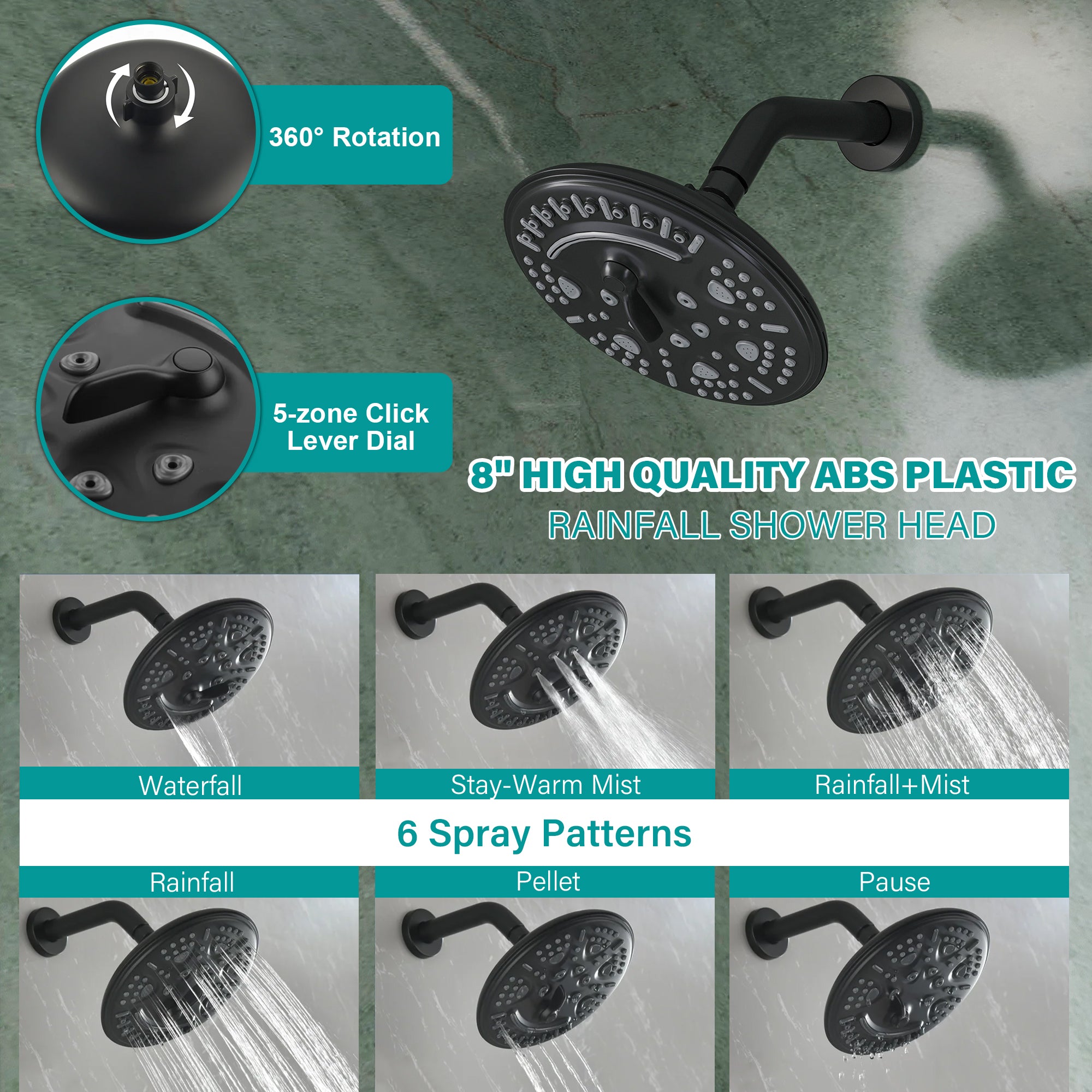 8 inch Wall Mount 6-Spray Patterns Rain Shower Head and 9-Function Handheld Shower Combo with Waterfall Nozzle