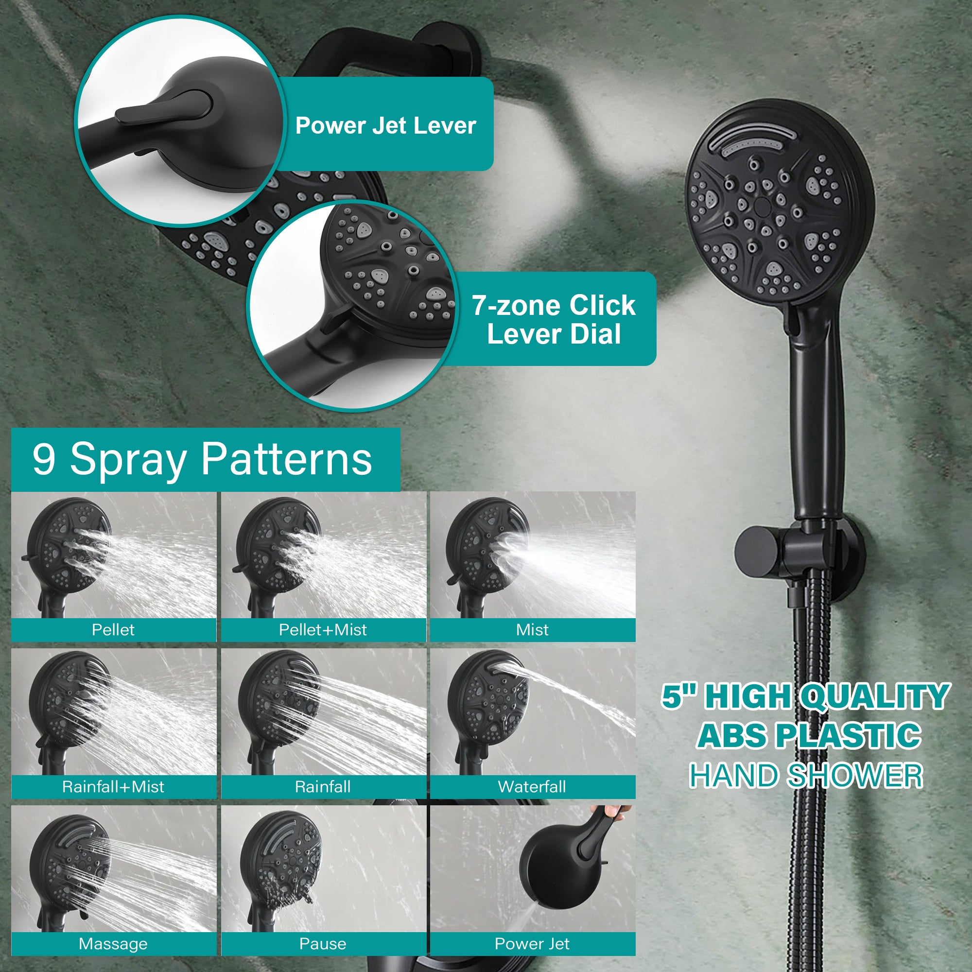 8 inch Wall Mount 6-Spray Patterns Rain Shower Head and 9-Function Handheld Shower Combo with Waterfall Nozzle