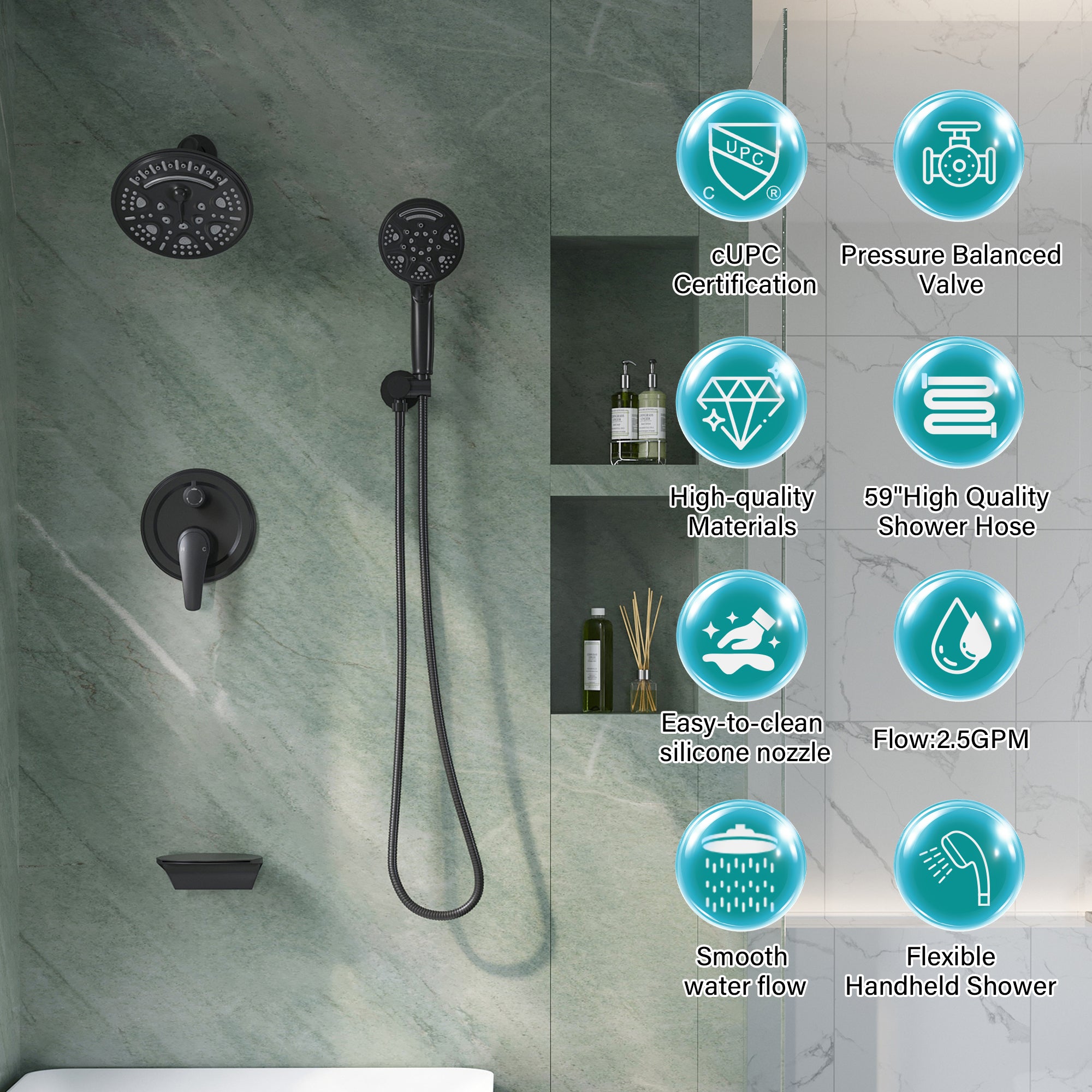 8 inch Wall Mount 6-Spray Patterns Rain Shower Head and 9-Function Handheld Shower Combo with Waterfall Nozzle