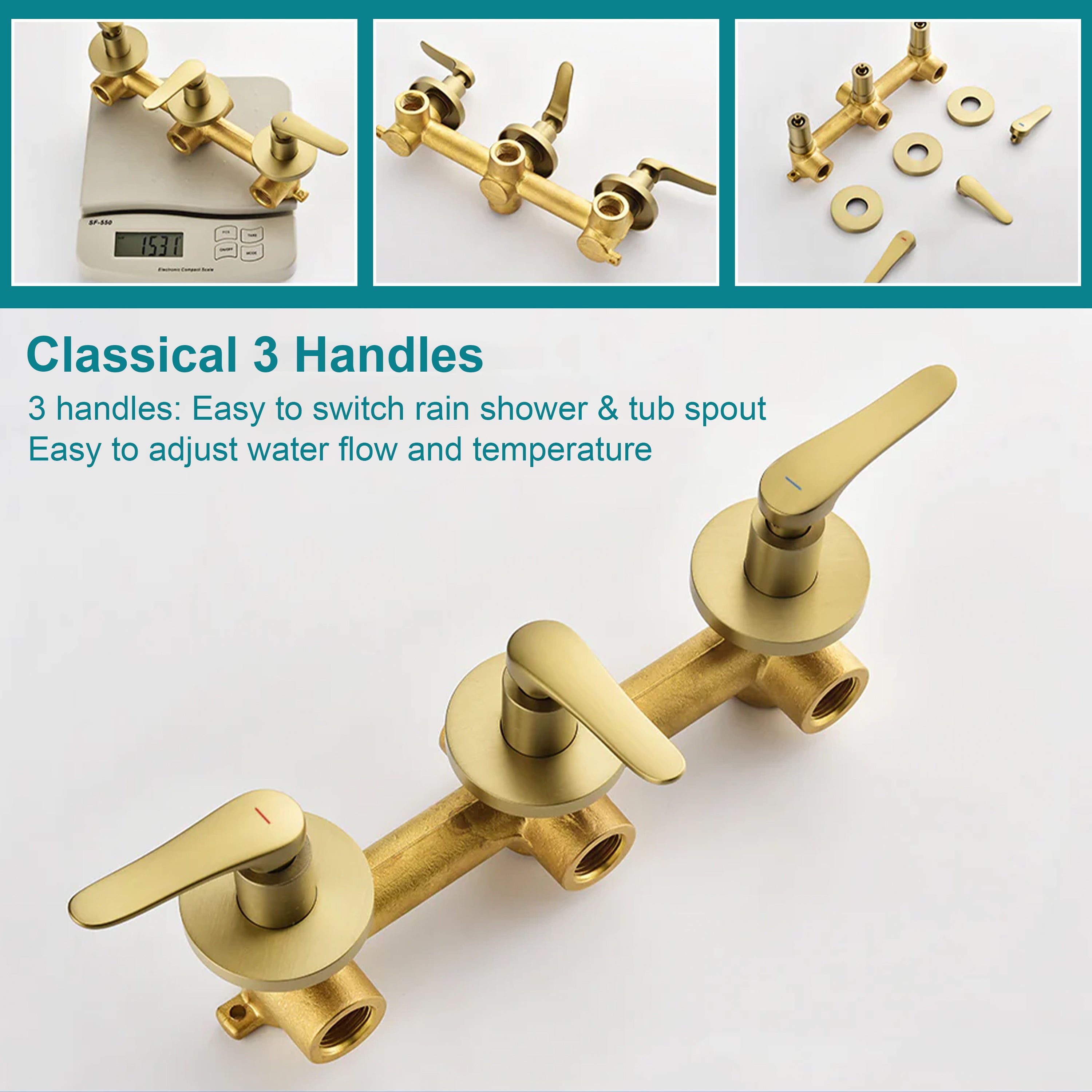 Three-Handle Shower System With Diverter Handle And 5-Spray Function Heads