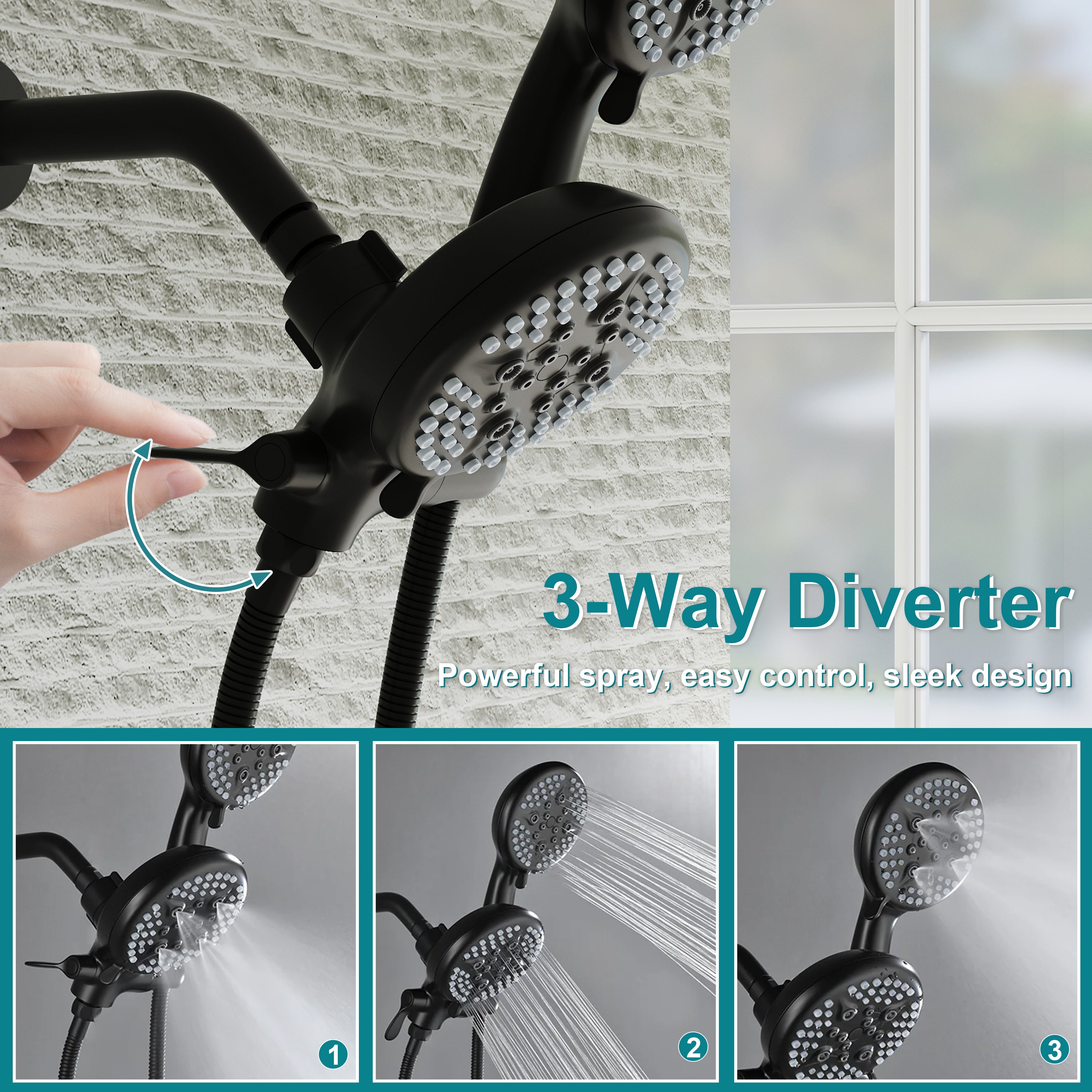 Three-Handle Shower System With Diverter Handle And 5-Spray Function Heads