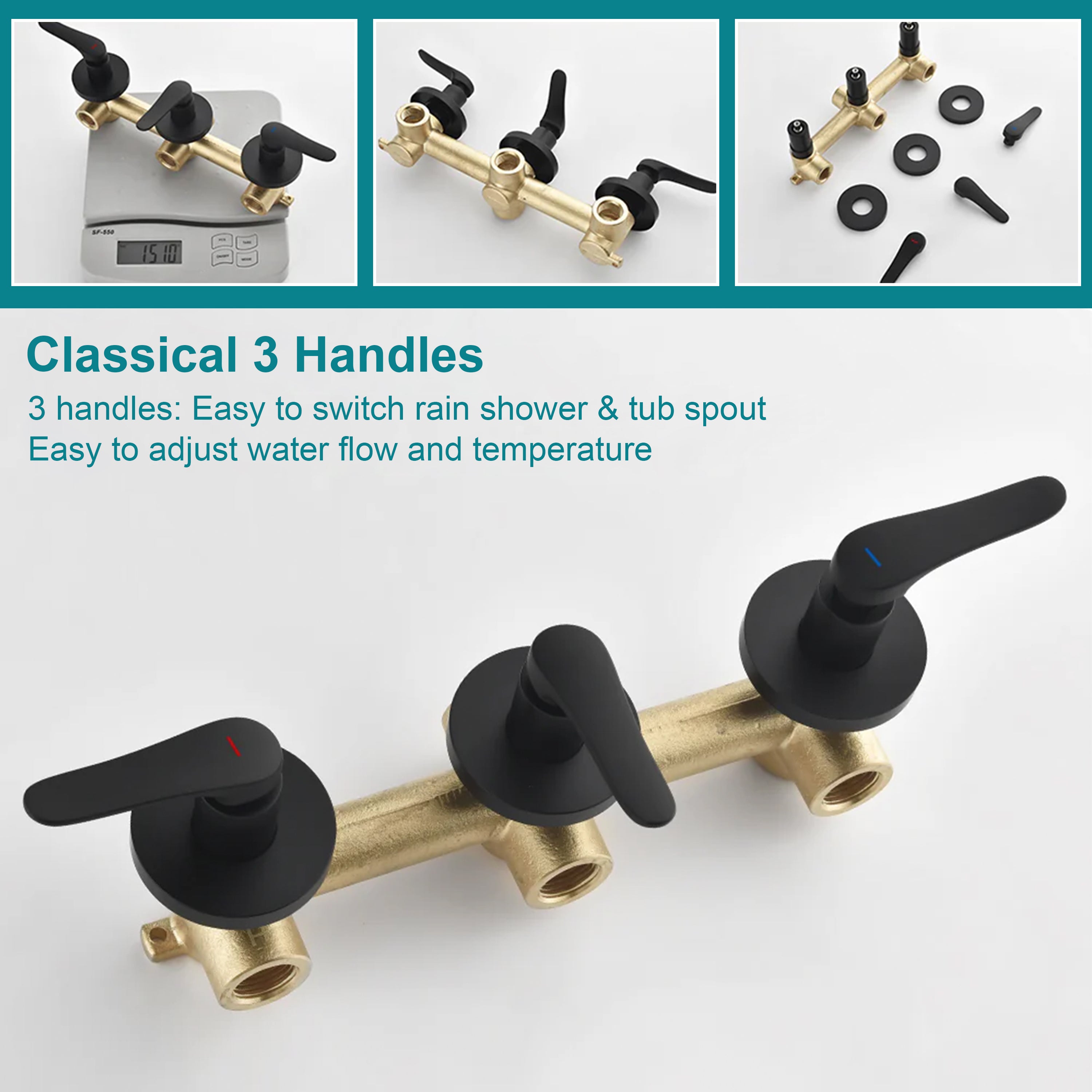 Three-Handle Shower System With Diverter Handle And 5-Spray Function Heads