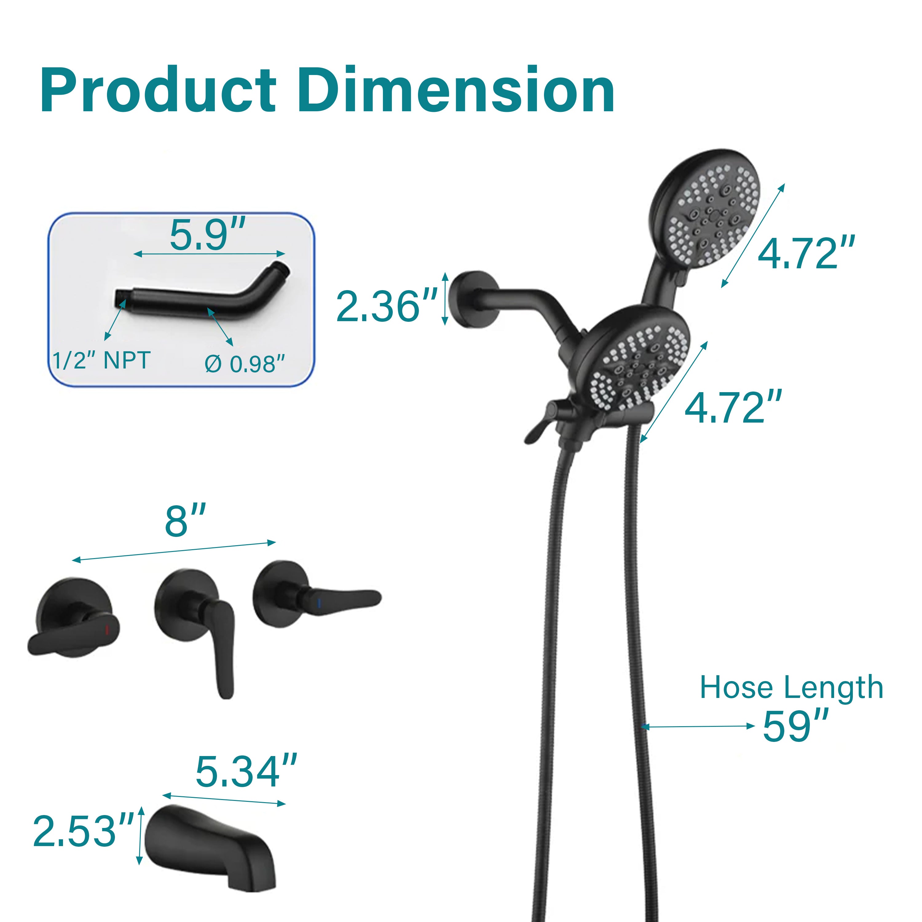 Three-Handle Shower System With Diverter Handle And 5-Spray Function Heads