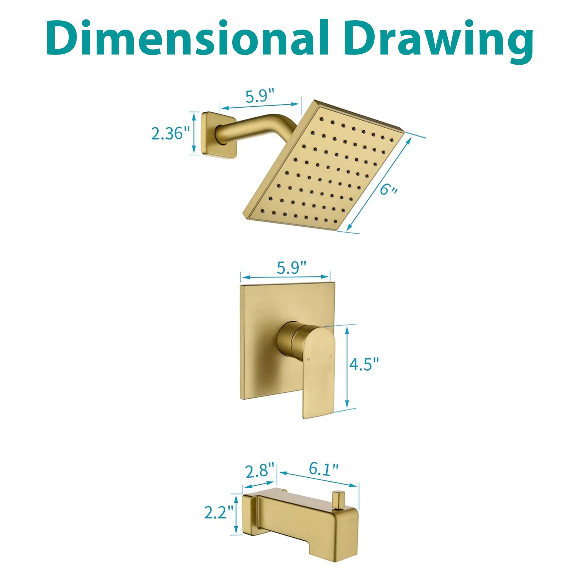 6-in Wall Mount Square Shower Faucet Set with Tub Spout Faucet Wall Mount Shower Head
