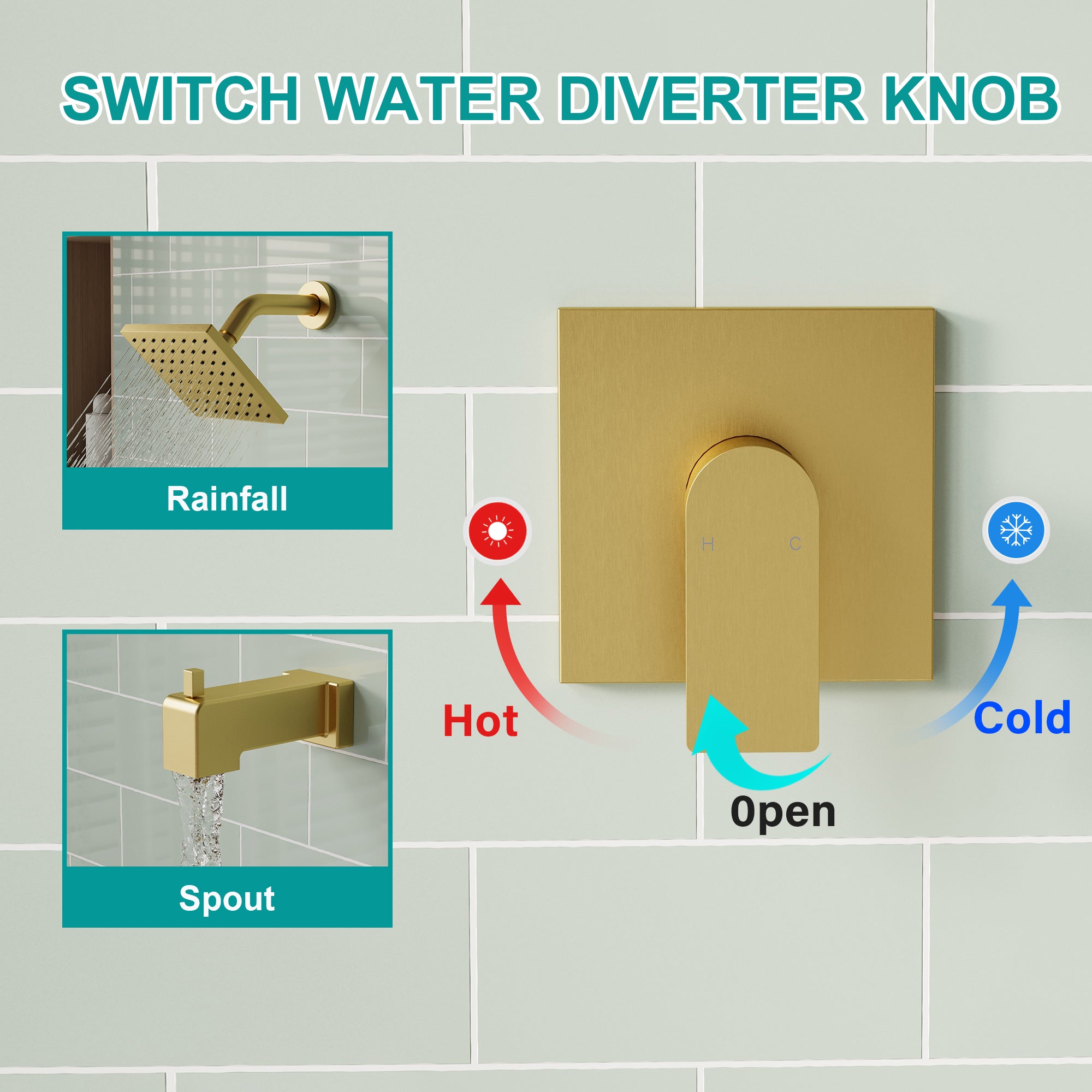 6-in Wall Mount Square Shower Faucet Set with Tub Spout Faucet Wall Mount Shower Head