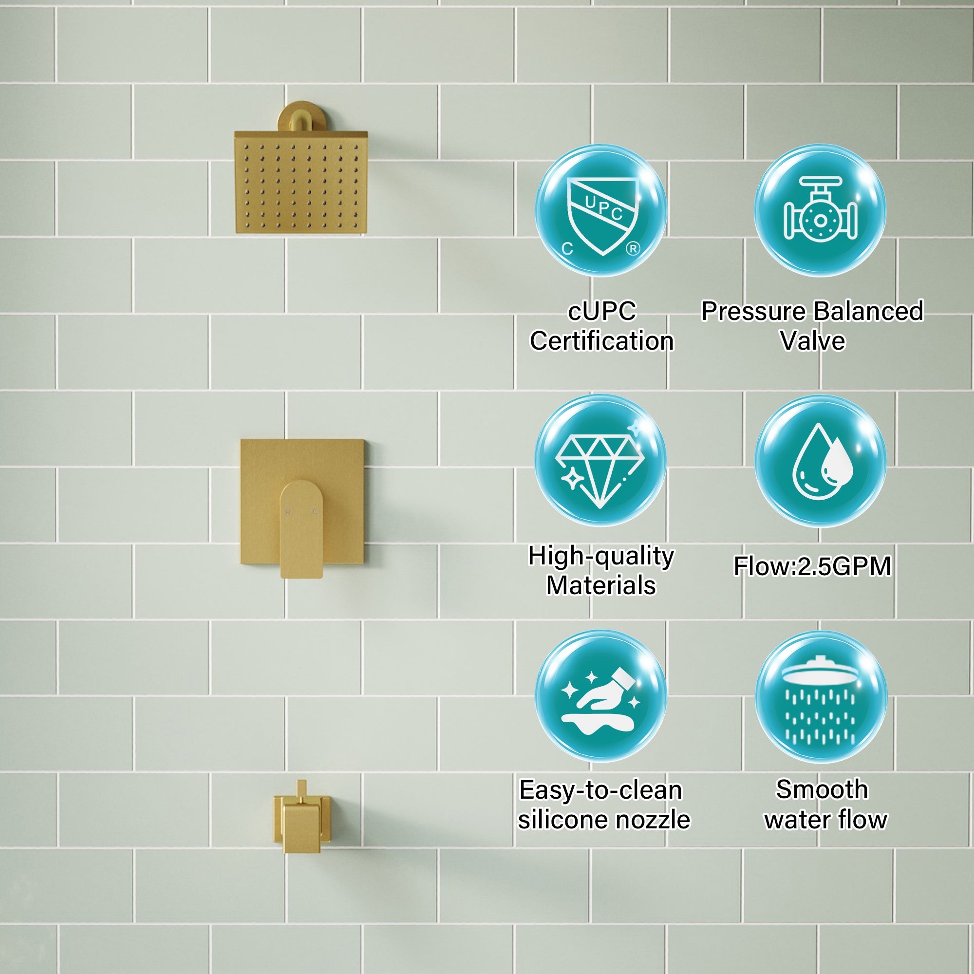 6-in Wall Mount Square Shower Faucet Set with Tub Spout Faucet Wall Mount Shower Head