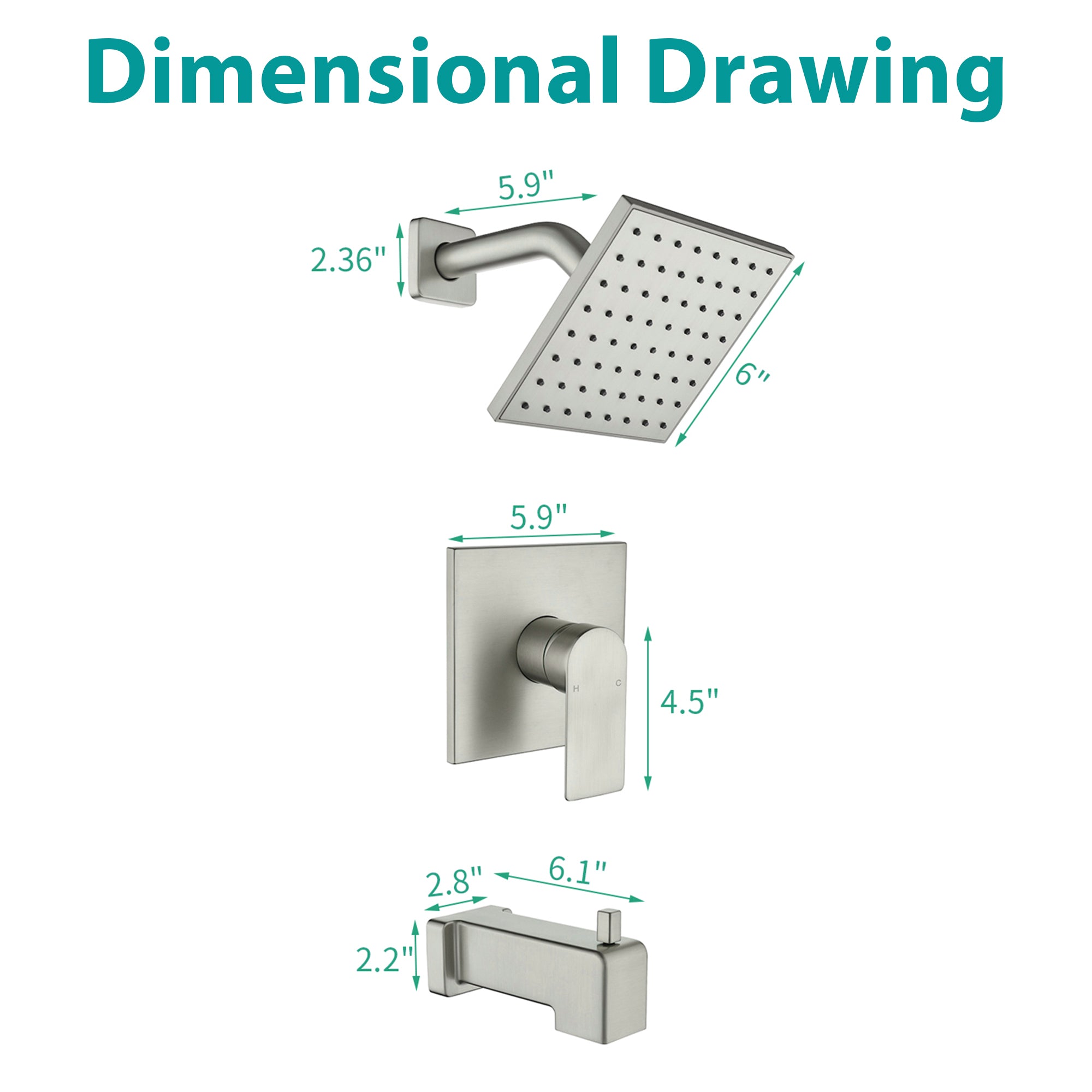 6-in Wall Mount Square Shower Faucet Set with Tub Spout Faucet Wall Mount Shower Head