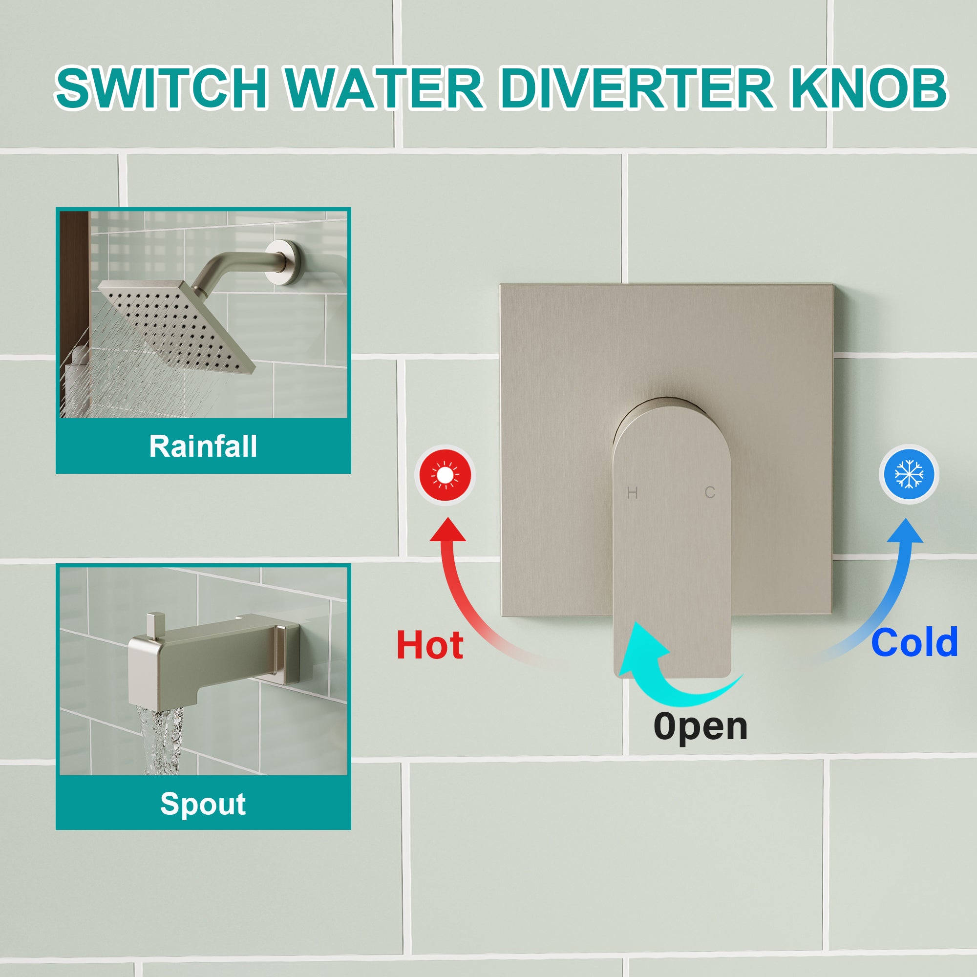6-in Wall Mount Square Shower Faucet Set with Tub Spout Faucet Wall Mount Shower Head