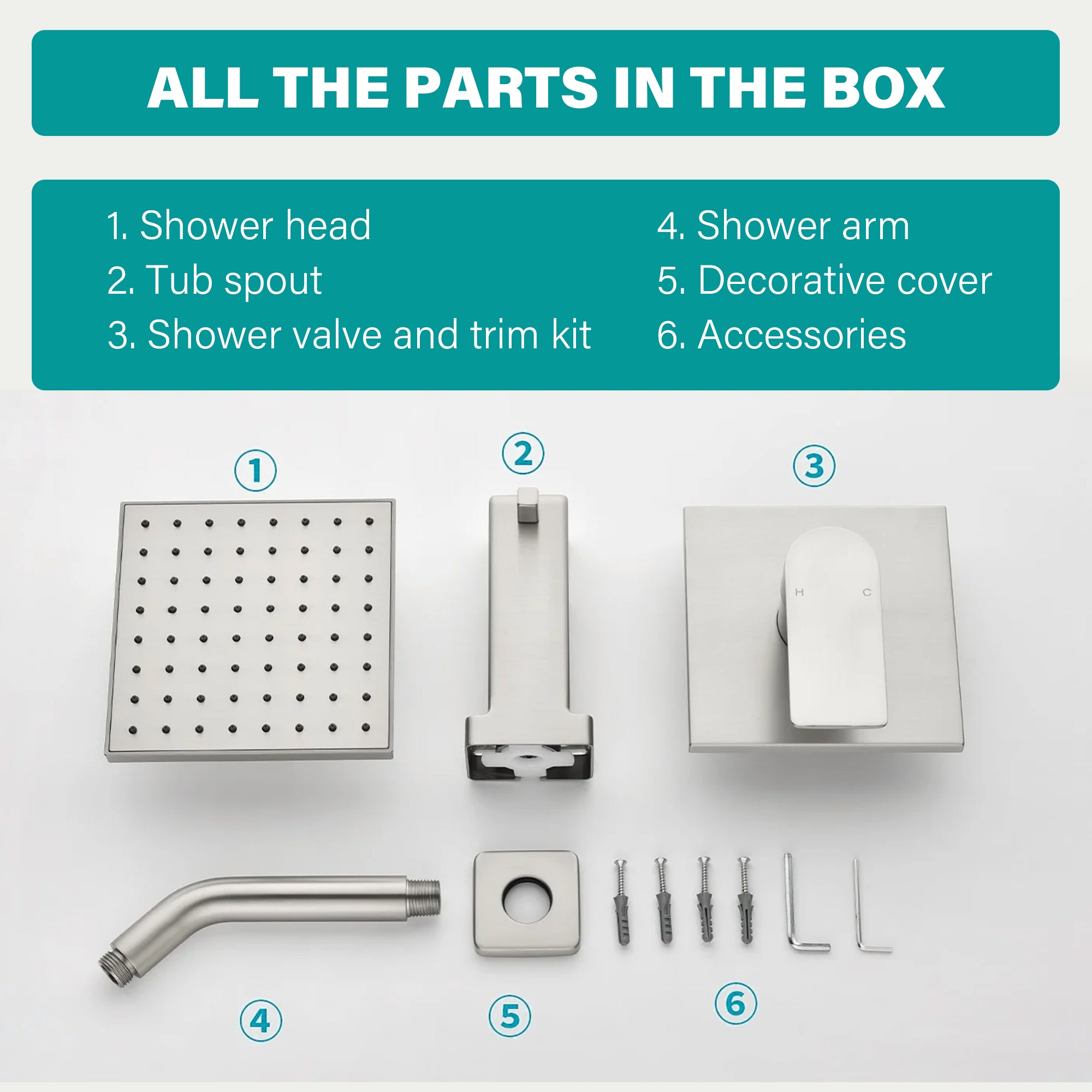 6-in Wall Mount Square Shower Faucet Set with Tub Spout Faucet Wall Mount Shower Head