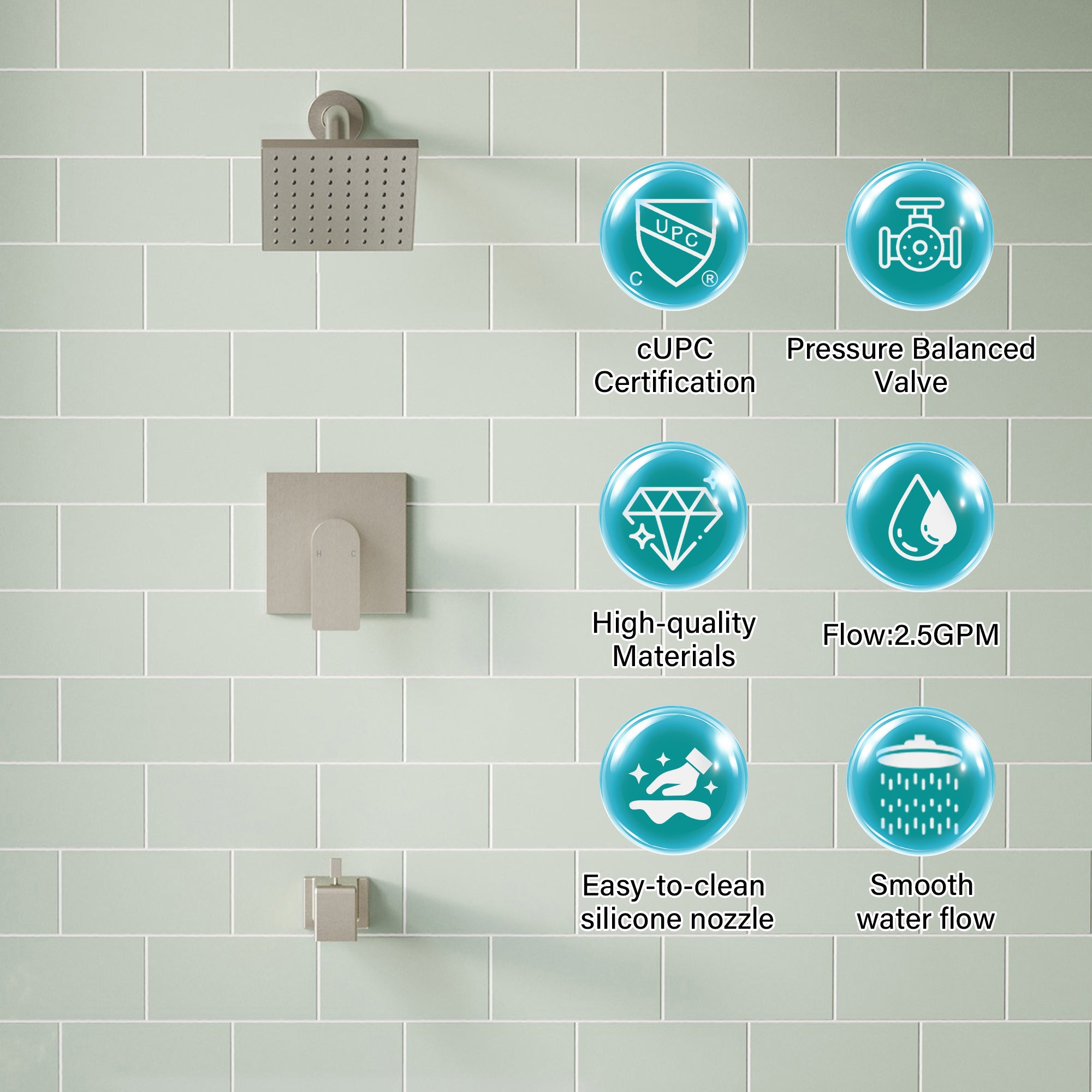 6-in Wall Mount Square Shower Faucet Set with Tub Spout Faucet Wall Mount Shower Head
