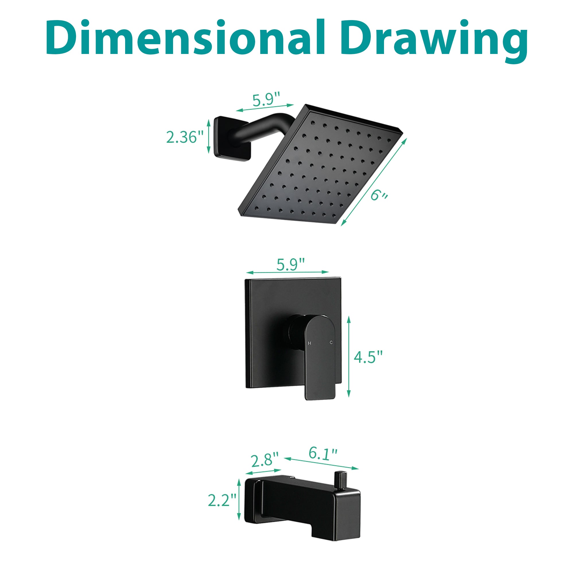 6-in Wall Mount Square Shower Faucet Set with Tub Spout Faucet Wall Mount Shower Head