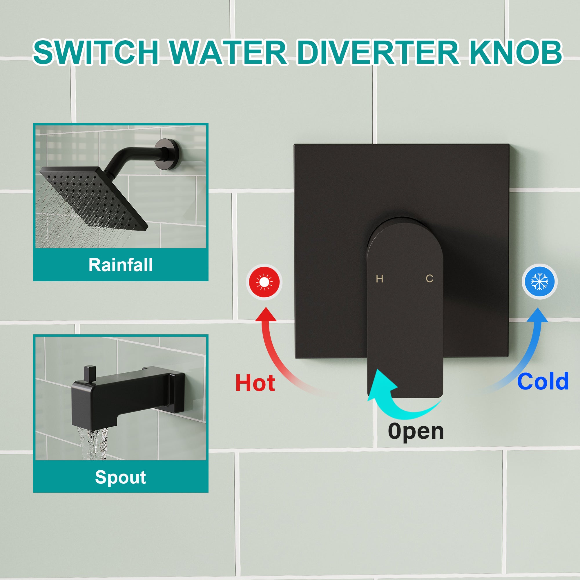 6-in Wall Mount Square Shower Faucet Set with Tub Spout Faucet Wall Mount Shower Head