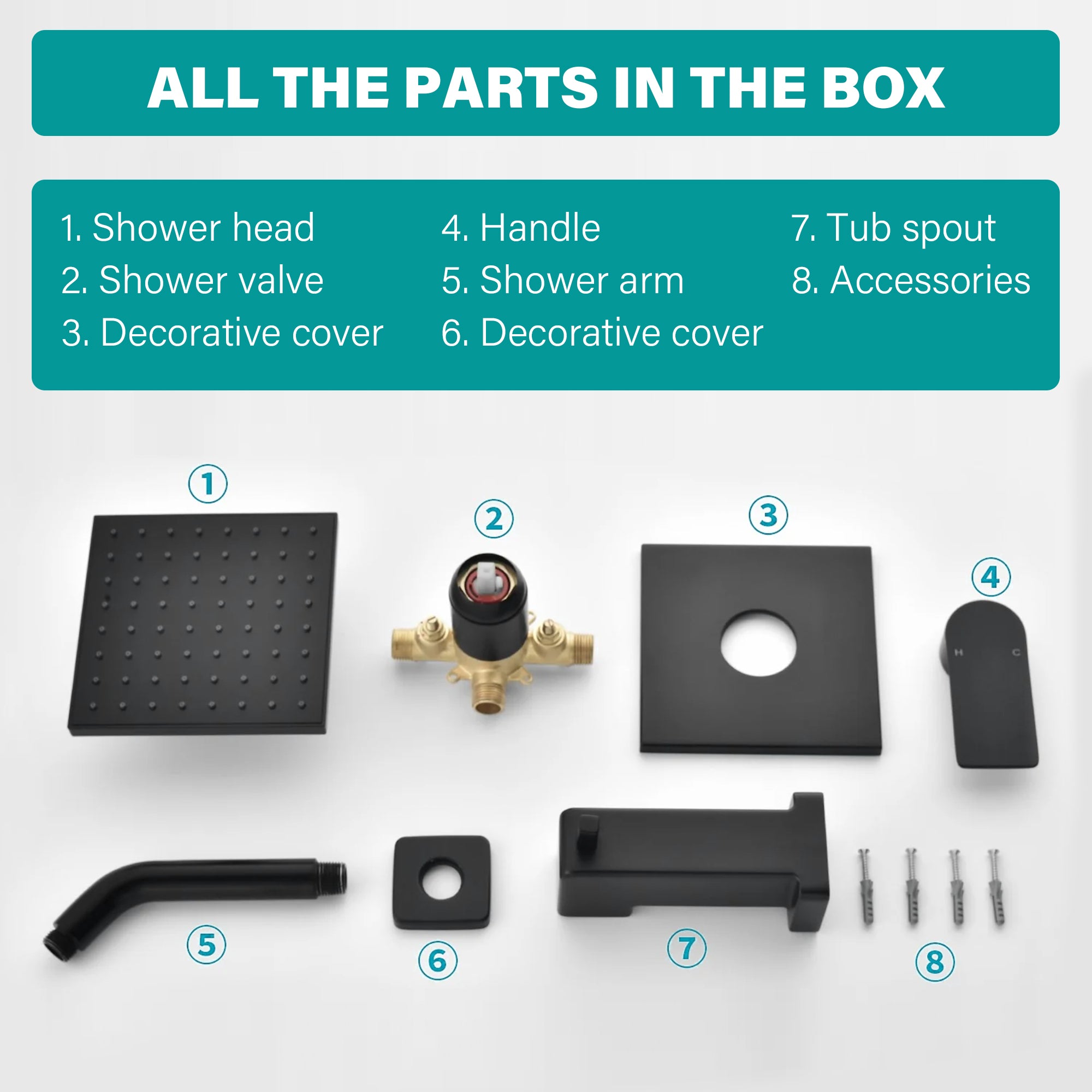6-in Wall Mount Square Shower Faucet Set with Tub Spout Faucet Wall Mount Shower Head