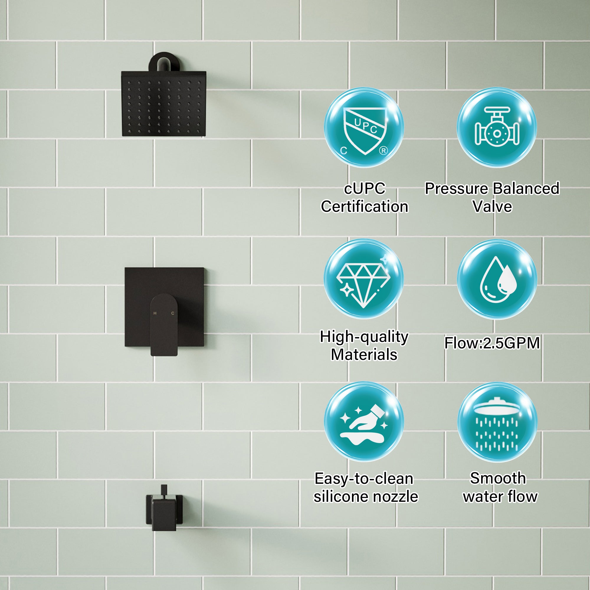 6-in Wall Mount Square Shower Faucet Set with Tub Spout Faucet Wall Mount Shower Head