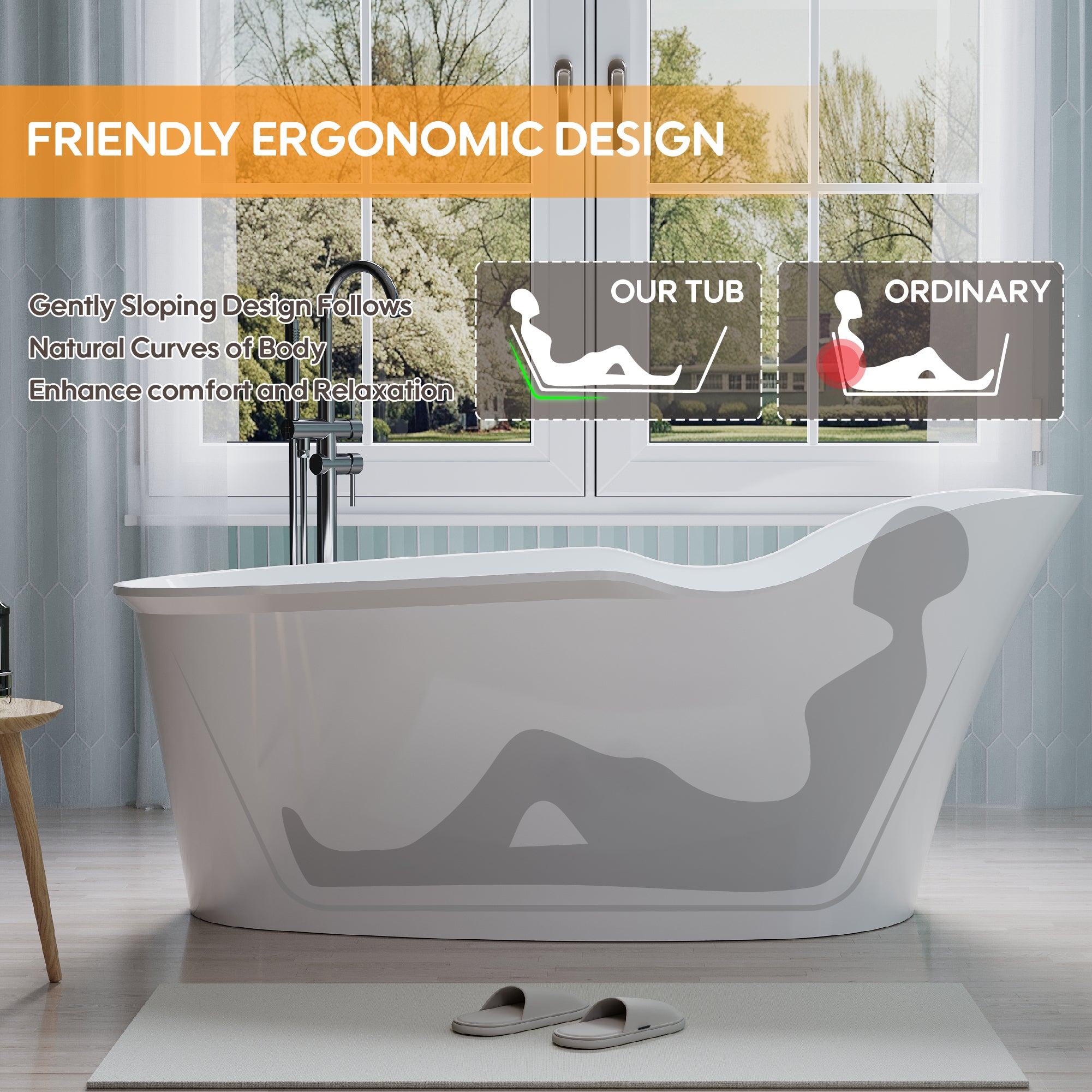 66" Freestanding Acrylic Bathtub Glossy White with Overflow and Drainage