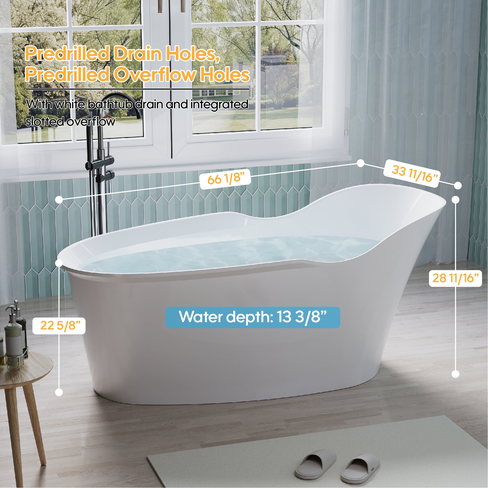 66" Freestanding Acrylic Bathtub Glossy White with Overflow and Drainage