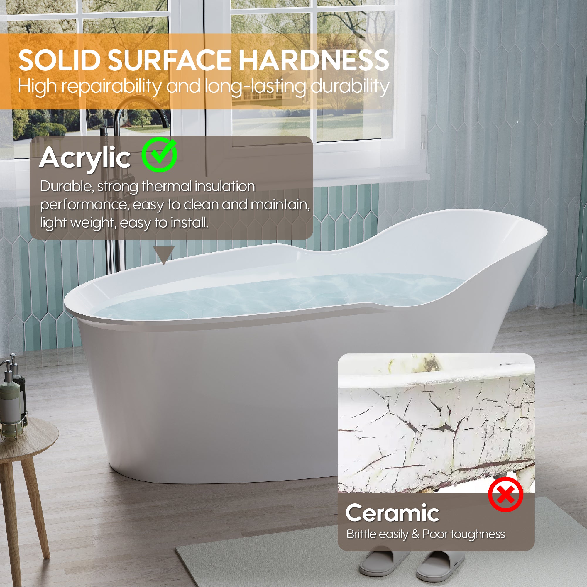66" Freestanding Acrylic Bathtub Glossy White with Overflow and Drainage