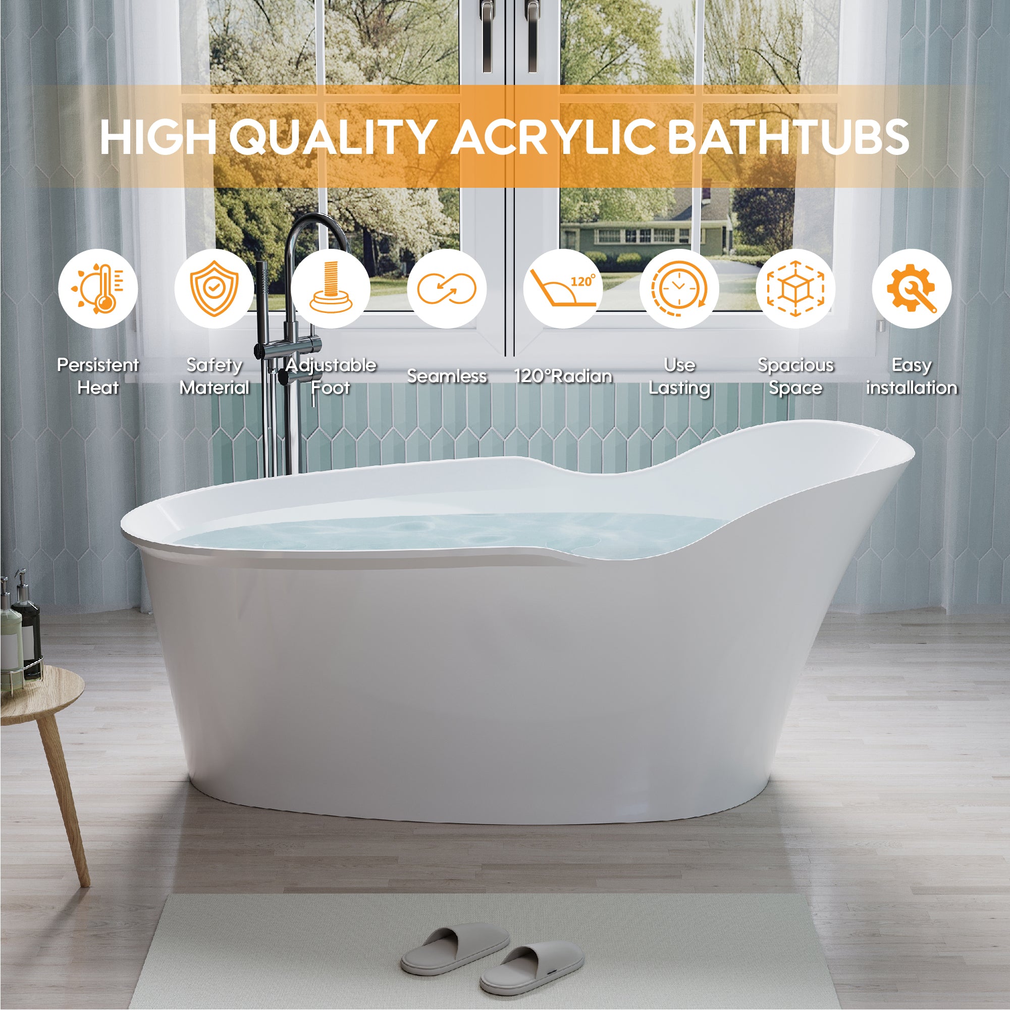 66" Freestanding Acrylic Bathtub Glossy White with Overflow and Drainage