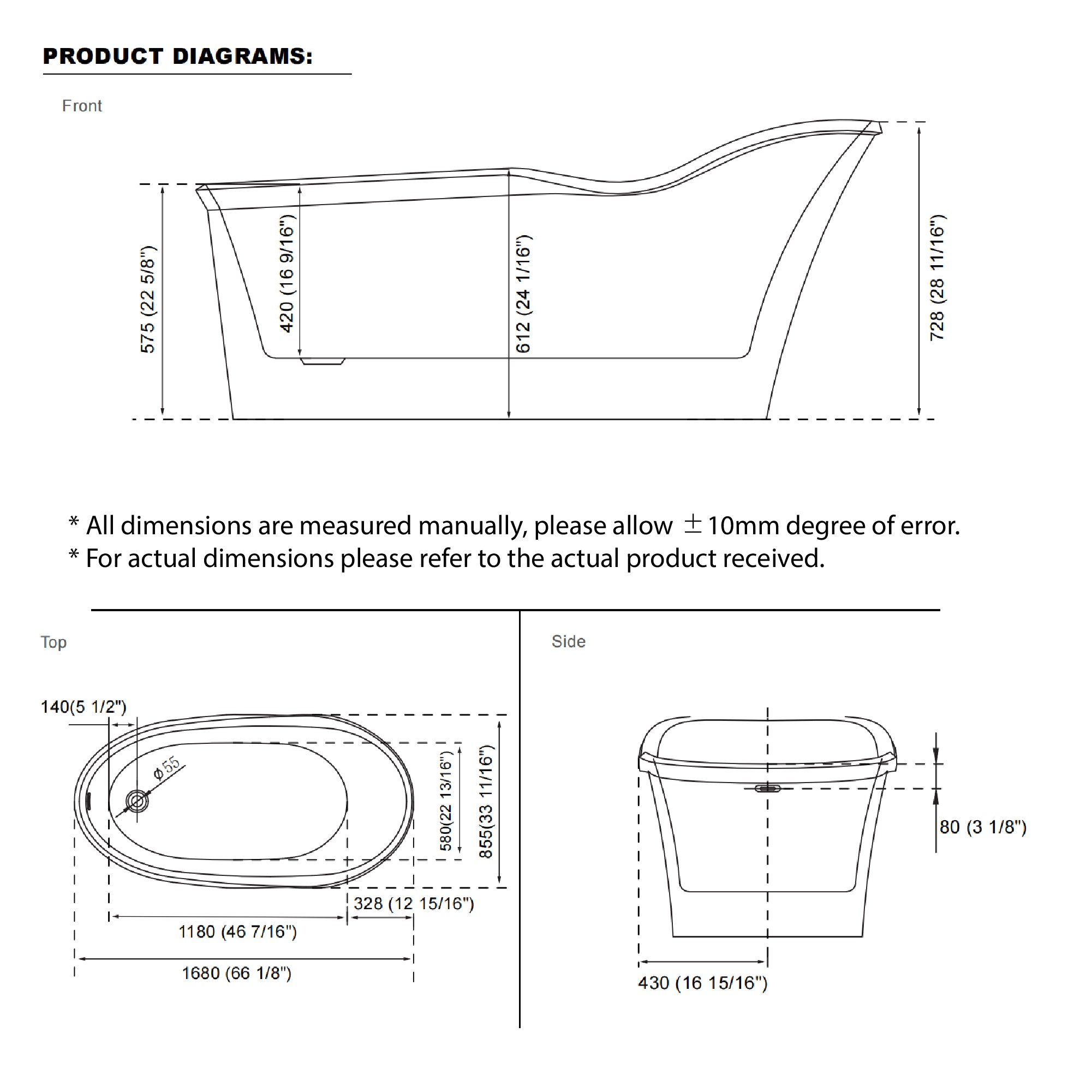 66" Freestanding Acrylic Bathtub Glossy White with Overflow and Drainage