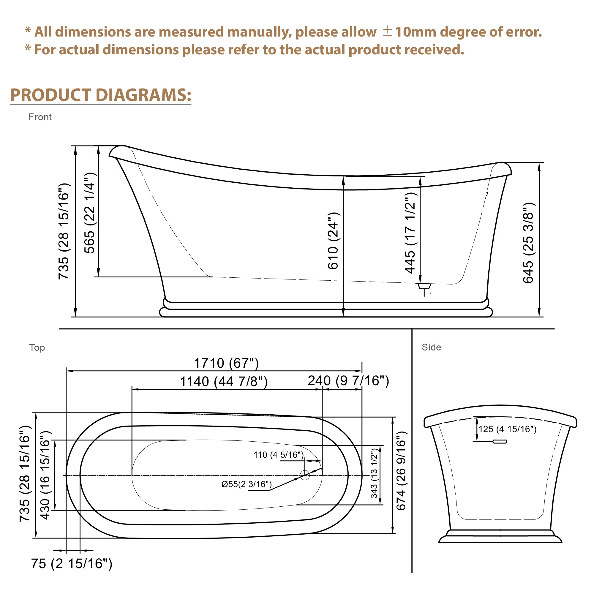 67" Acrylic Modern Freestanding Soaking Bathtub, Overflow and Drain Included