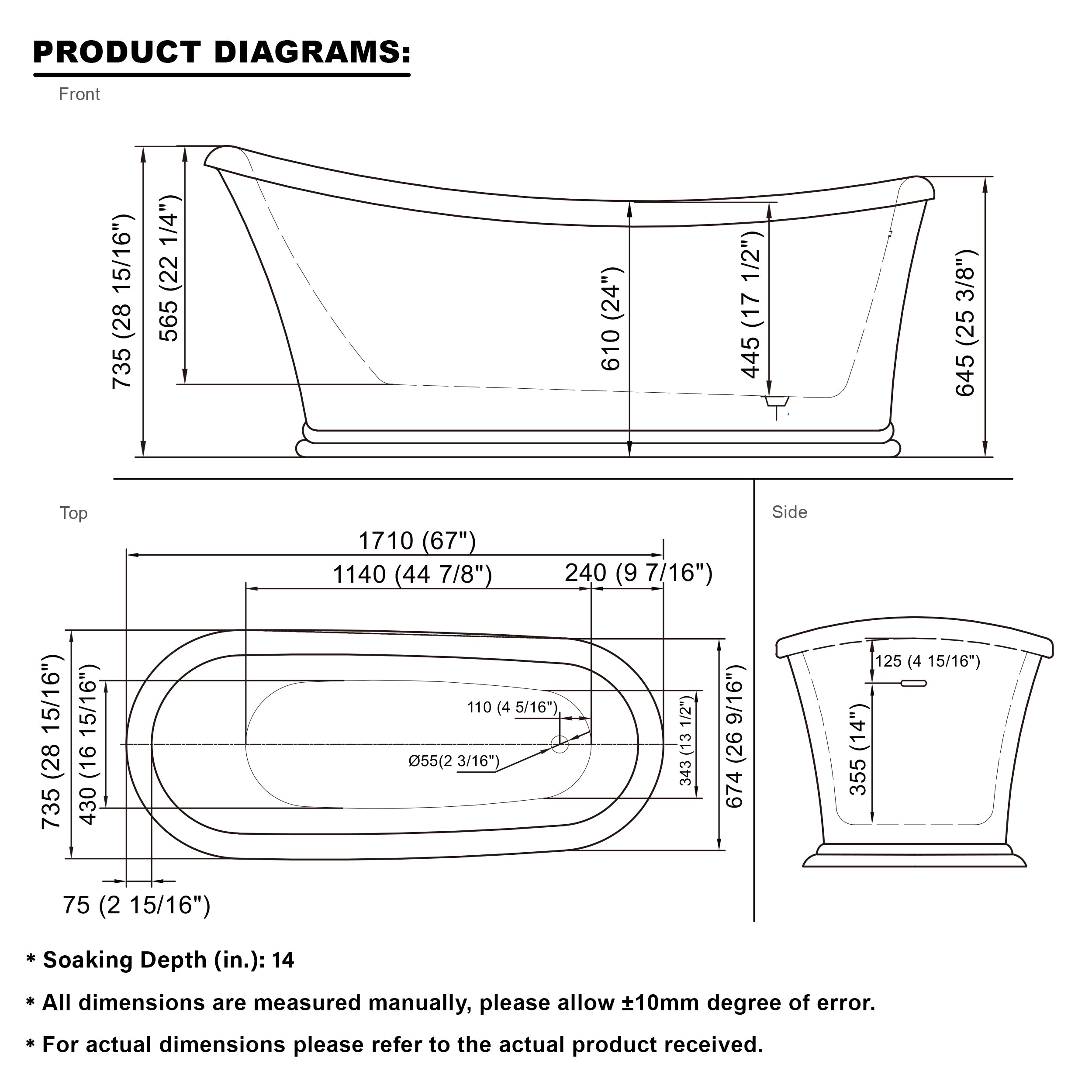 67" Acrylic Modern Freestanding Soaking Bathtub, Overflow and Drain Included