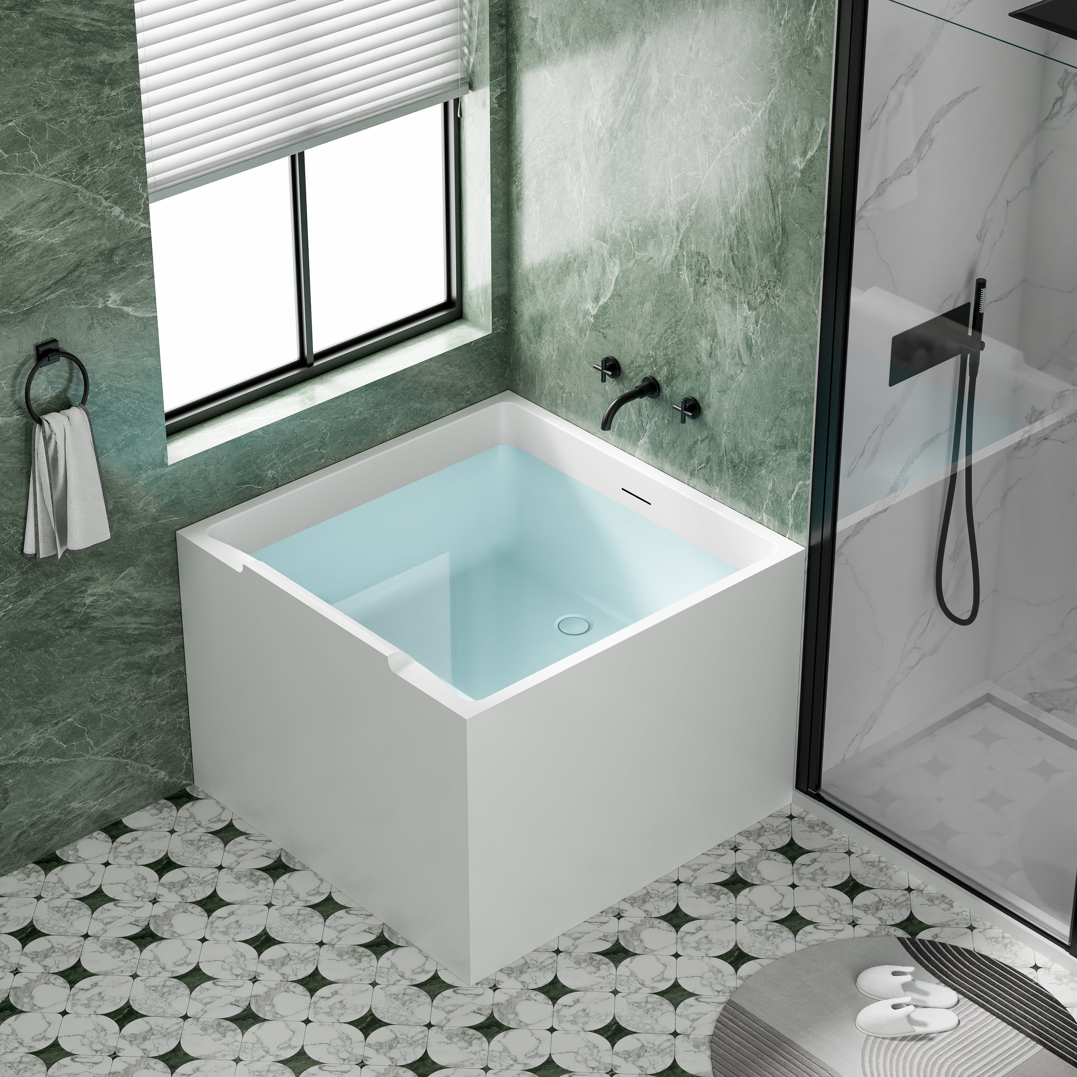 39 in. x 39 in. Acrylic Square Freestanding Soaking Bathtub with Groove Overflow and Pop-up Drainer, White