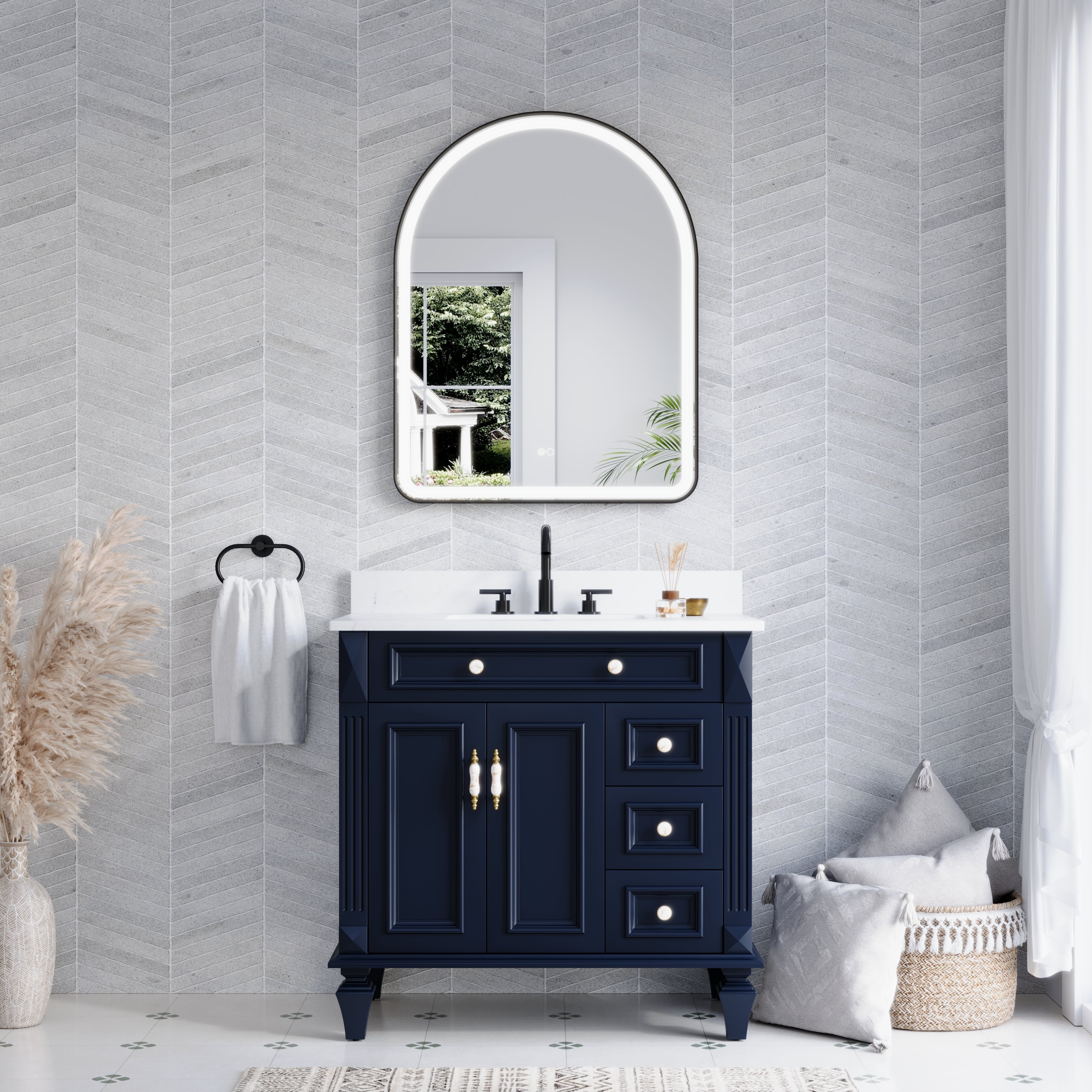 28 in. W x 36 in. H Arched Black Framed LED Light Bathroom Vanity Mirror