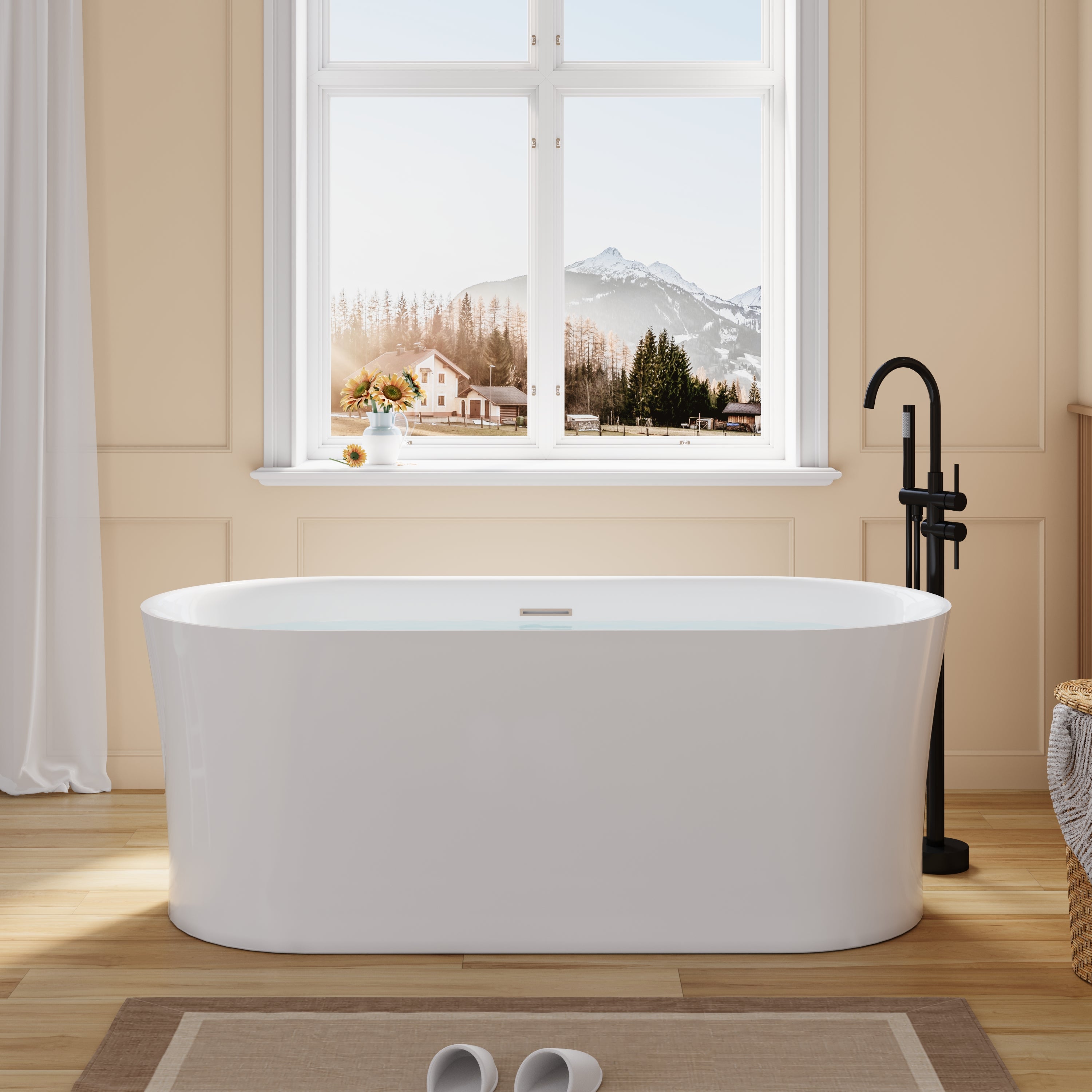 67" Acrylic Freestanding Soaking Bathtub in White with Overflow and Drain