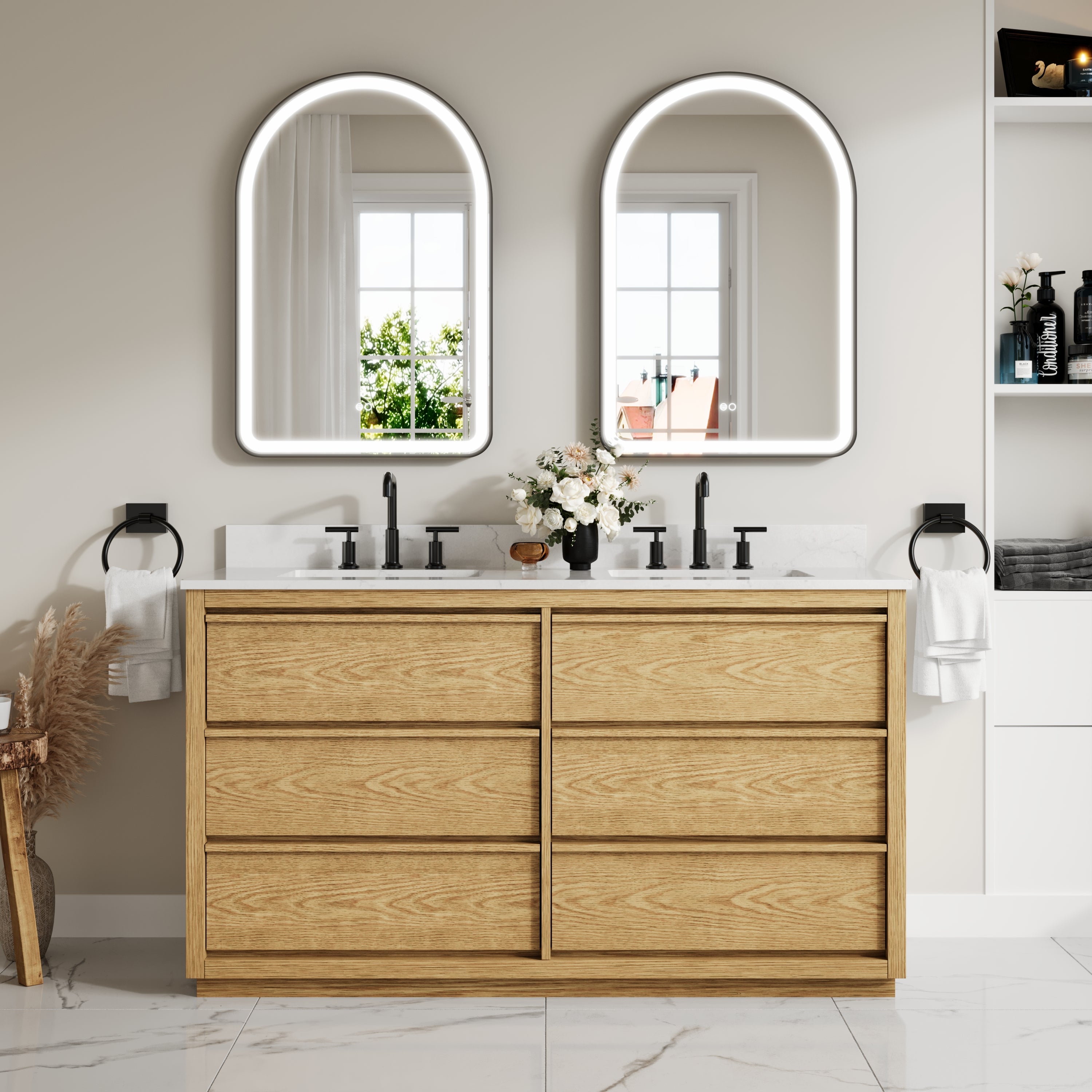 60 Inch Oak Soild Wood Bathroom Vanity with Double Undermount Sinks, 6 Dovetail-constructed Drawers