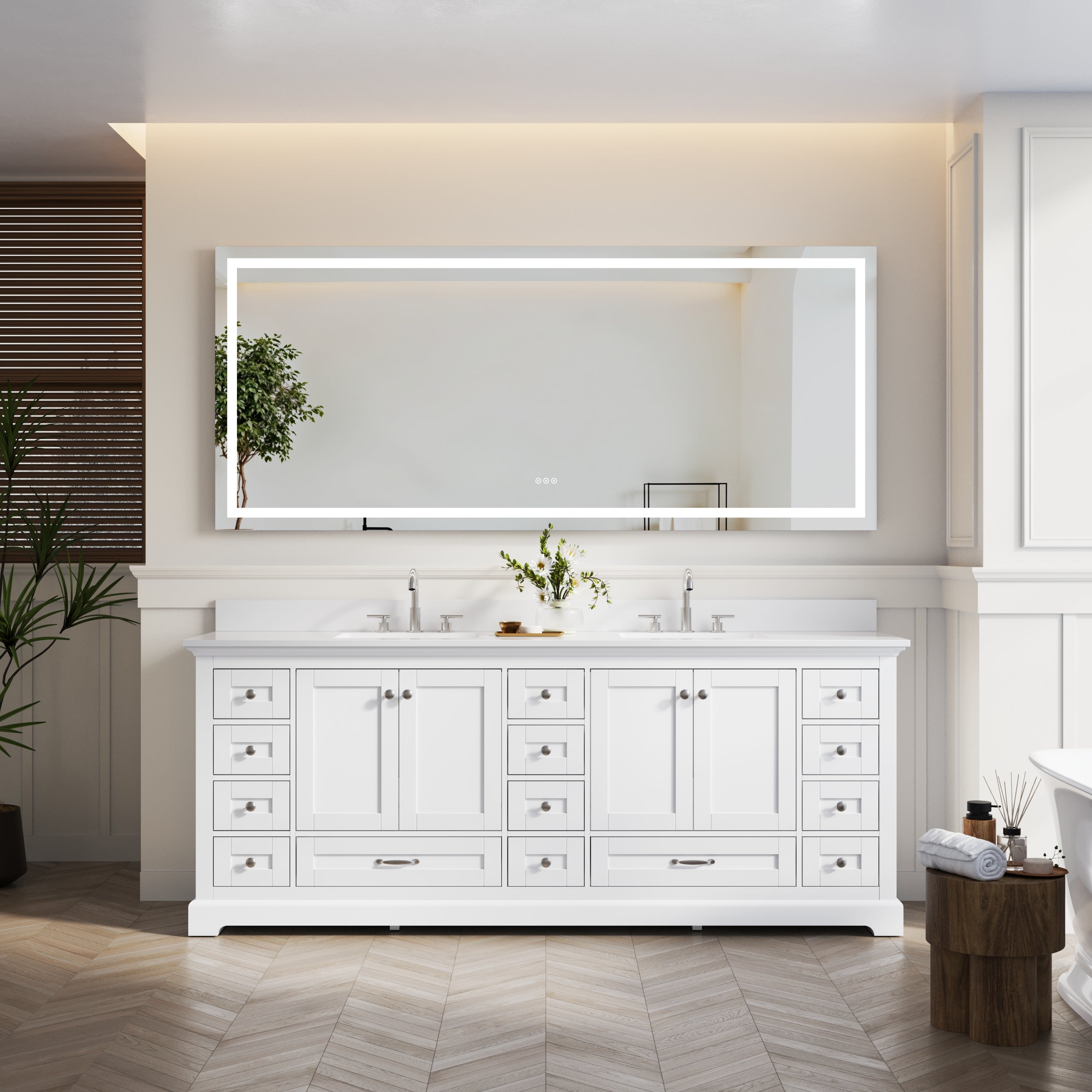 84" White Double Sinks Bathroom Vanity with Solid Wood Frame, Soft Close 14 Drawers & Pure White Cultured Marble Countertop