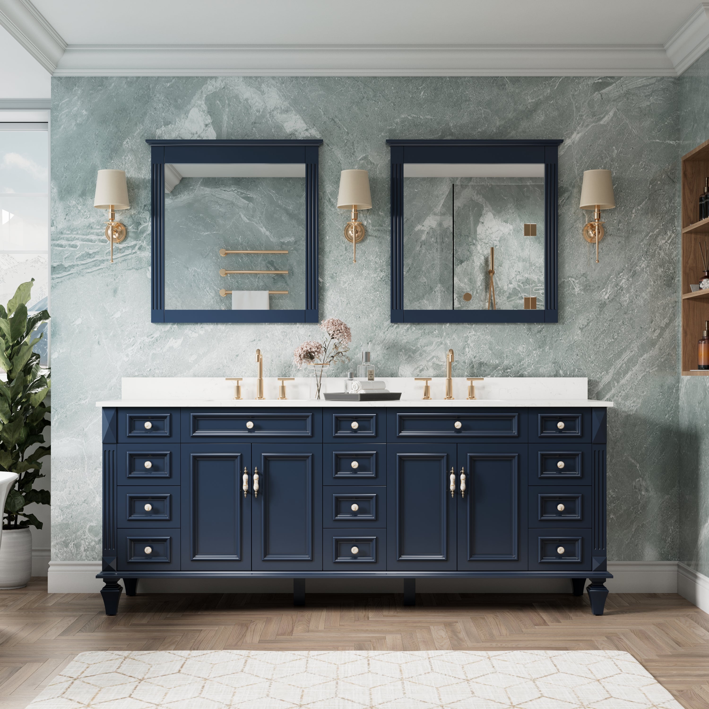 84 in. Freestanding Solid Wood Bathroom Vanity with Carrara White Quartz Countertop, Navy Blue