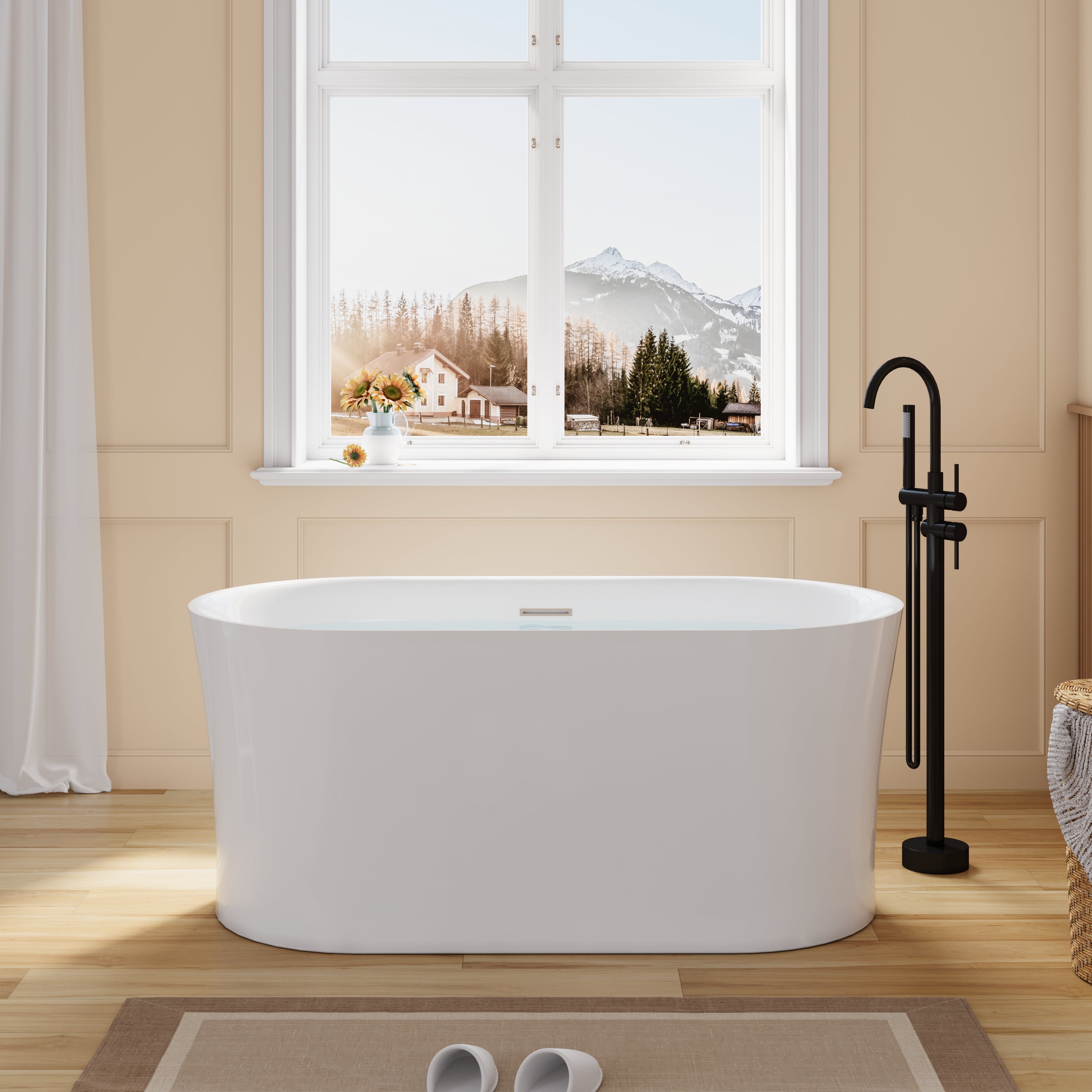 59" Acrylic Freestanding Soaking Bathtub in White with Overflow and Drain